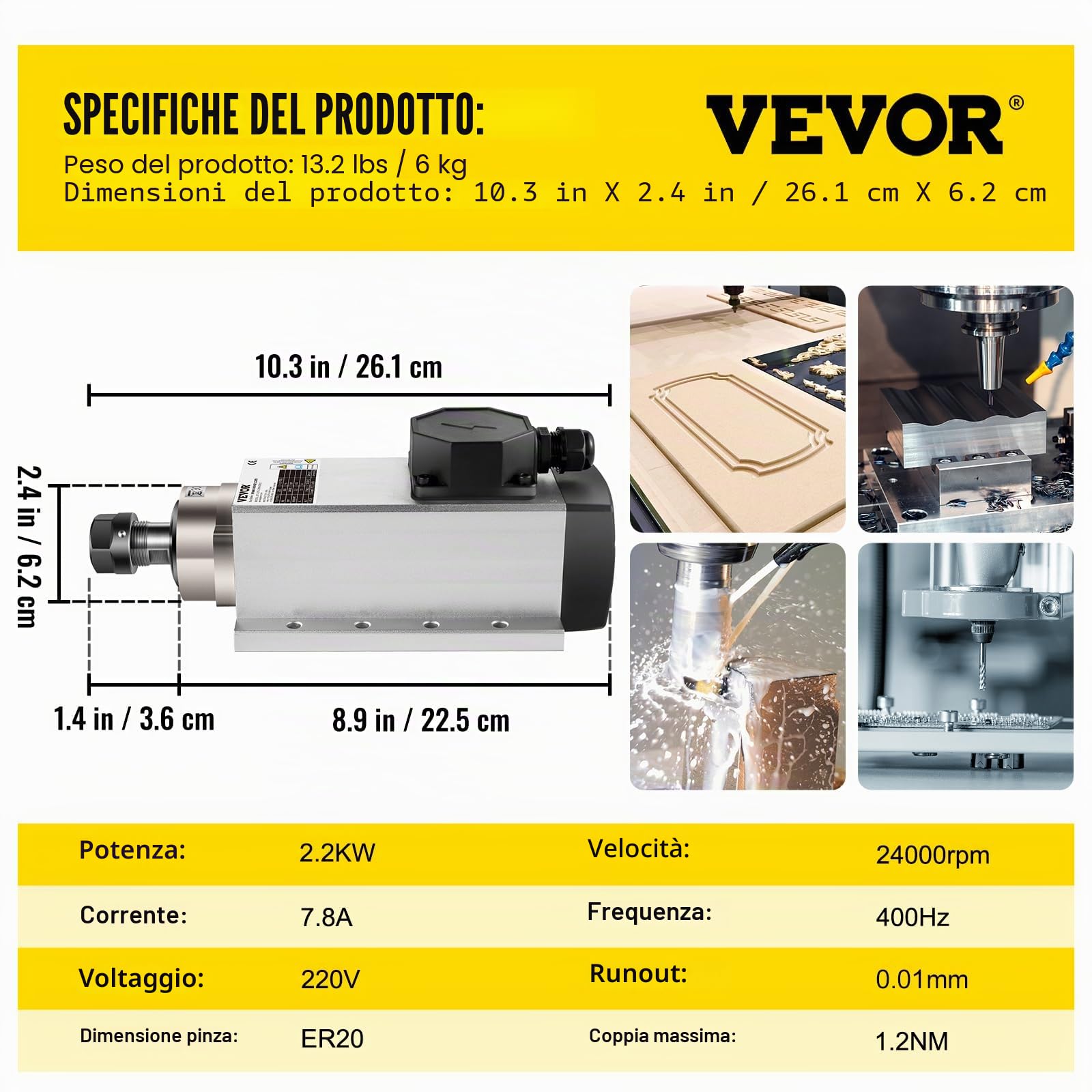 VEVOR Motore Mandrino Raffreddato ad Aria 2.2KW ER20 CNC con Kit VFD Inverter