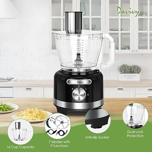 Miniatura 5 de Davivy Procesador de alimentos de 16 tazas, 9 en 1, multifunción, 3.8 L, para rallar queso, picar, emulsionar, triturar, rebanar, masar para uso