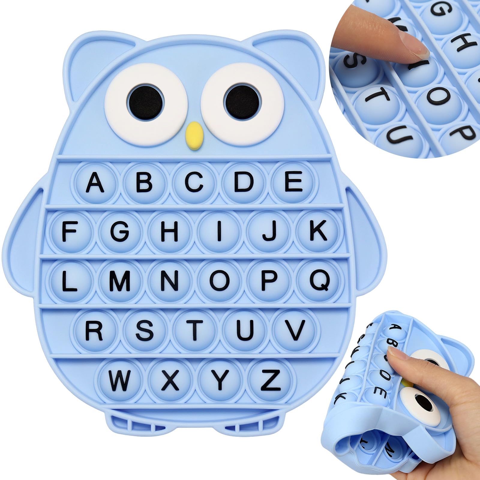 Silicone Bubble Fidget Toys,Cute Owl Animal Squeeze Sensory Toys,ABC Alphabet Educational Learning Tools Anxiety Stress Reliever Toy for Toddlers Kids Adults (Owl-Blue)