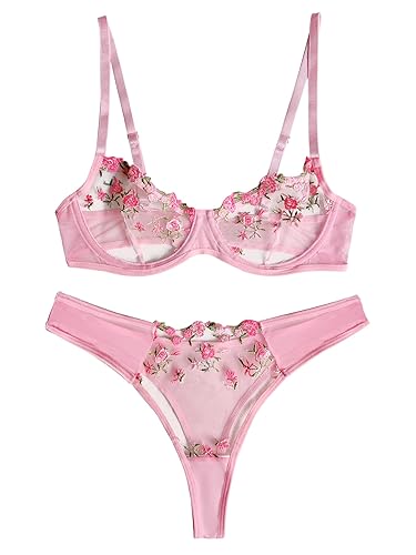 Aphrotiny Womens Lingerie Set 2 Piece Floral Embroidery Matching Bra and Panty Sets Underwire Mesh Floral Lingerie for Women - Pink - Medium