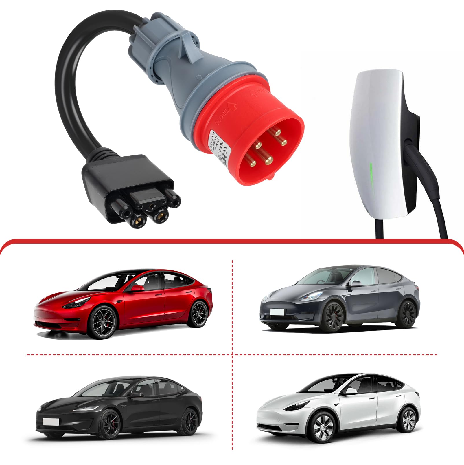 CEE Adapter auf Kompatibel mit Tesla-Adapter 5 Pin 16A, Adapterset CEE 5-Poliger für Mobile Wallbox/EV Ladegerät, C-EE Verlängerungskabel, IP44 Außeneinsatz (5 Pin 16A)