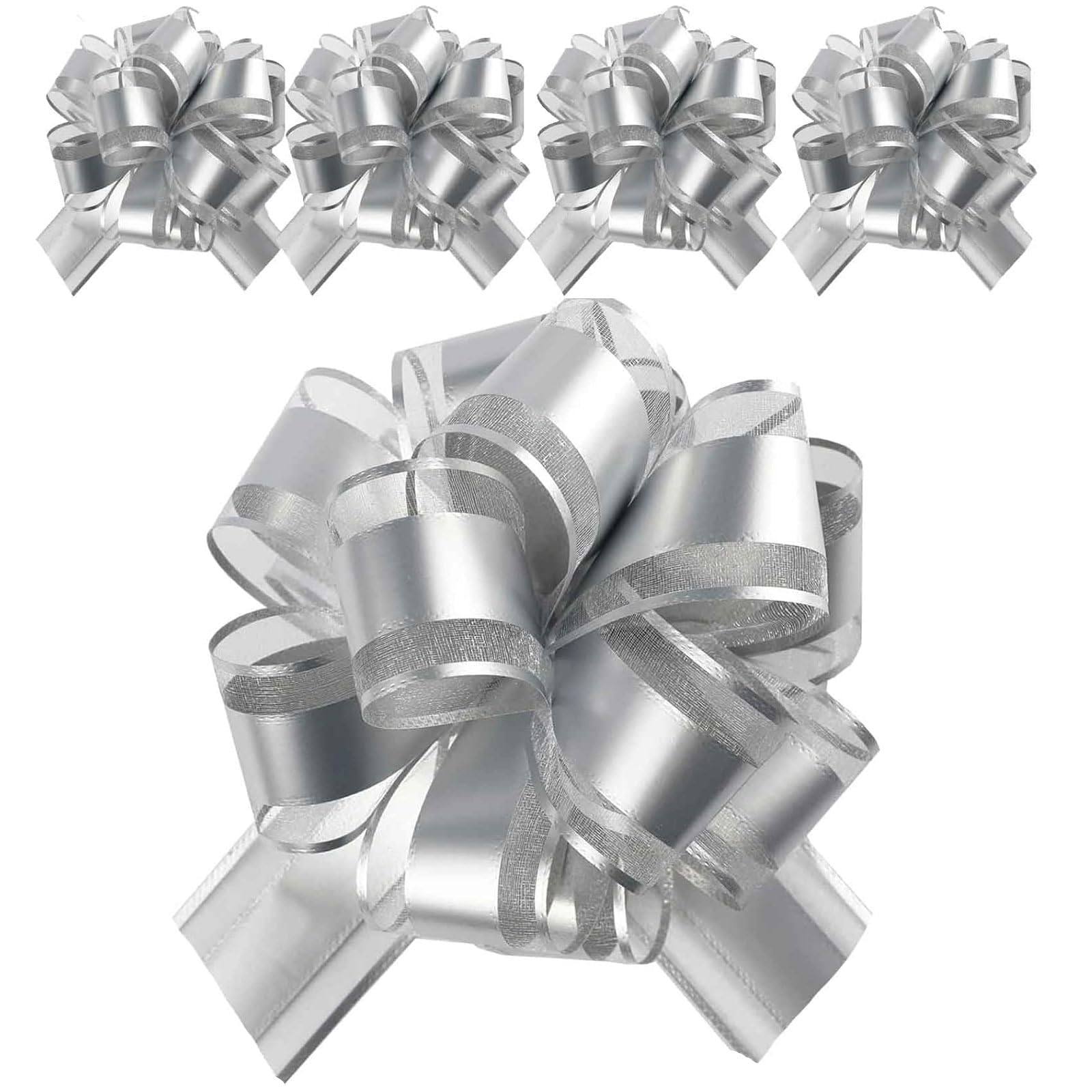 Zestjewel 5 PCS 7 in(17.78cm) Large Pull Bows Wrapping Pull Bow Ribbon，Silver Gift Wrap Bows for Gift Wrapping Baskets Wedding or Flower Decorations, Valentine's Day Birthday Gift Decorations