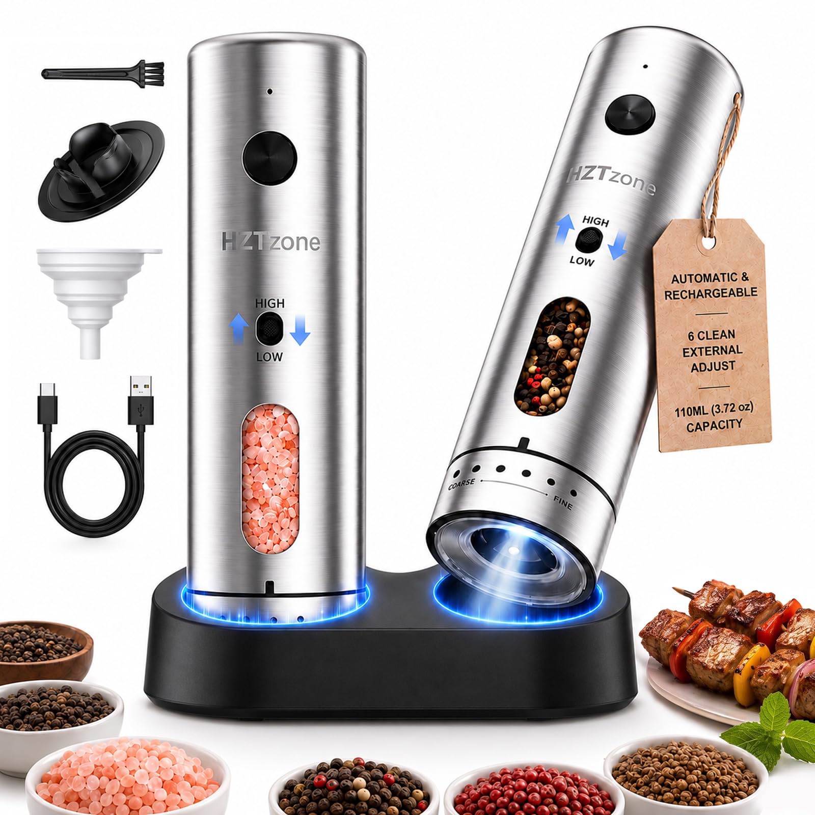 Elektrisches Salz Pfeffermühle Set USB-C, 6 Mahlgrade für Hobbyköche Küche | 6 Mahlgrade (fein bis grob), Ladestation mit USB-aufladbar,110ml Edelstahl- Keramikmahlwerk, BBQ & Geschenkset, LED-Licht