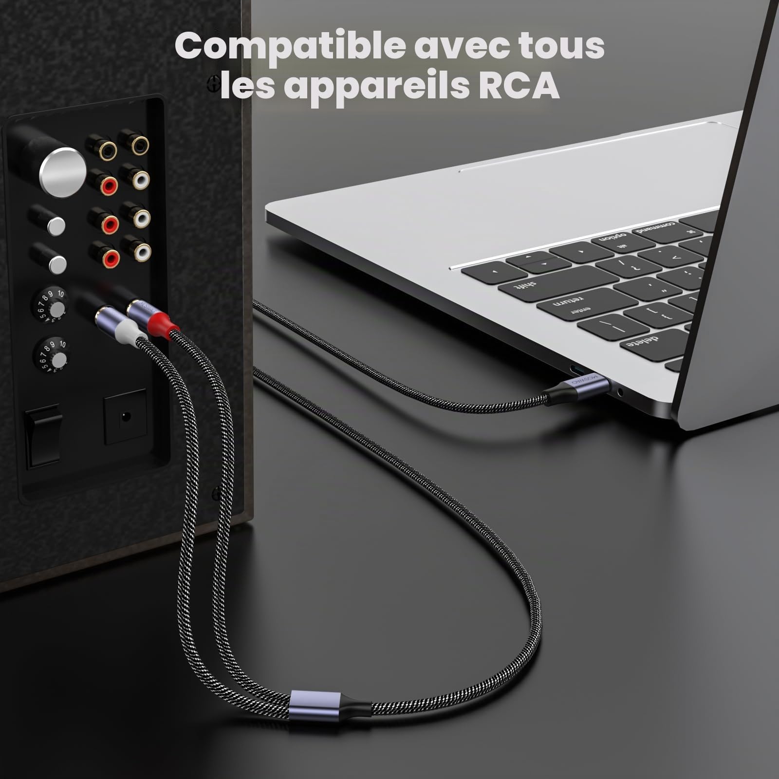 MOSWAG Câble 2 RCA USB C Audio Stéréo Adaptateur Type C Mâle vers 2 RCA Mâle Y Auxiliaire Audio Câble Numérique Compatible avec Téléphone Amplificateur Enceinte HDTV Home Cinéma Vidéo Projecteur