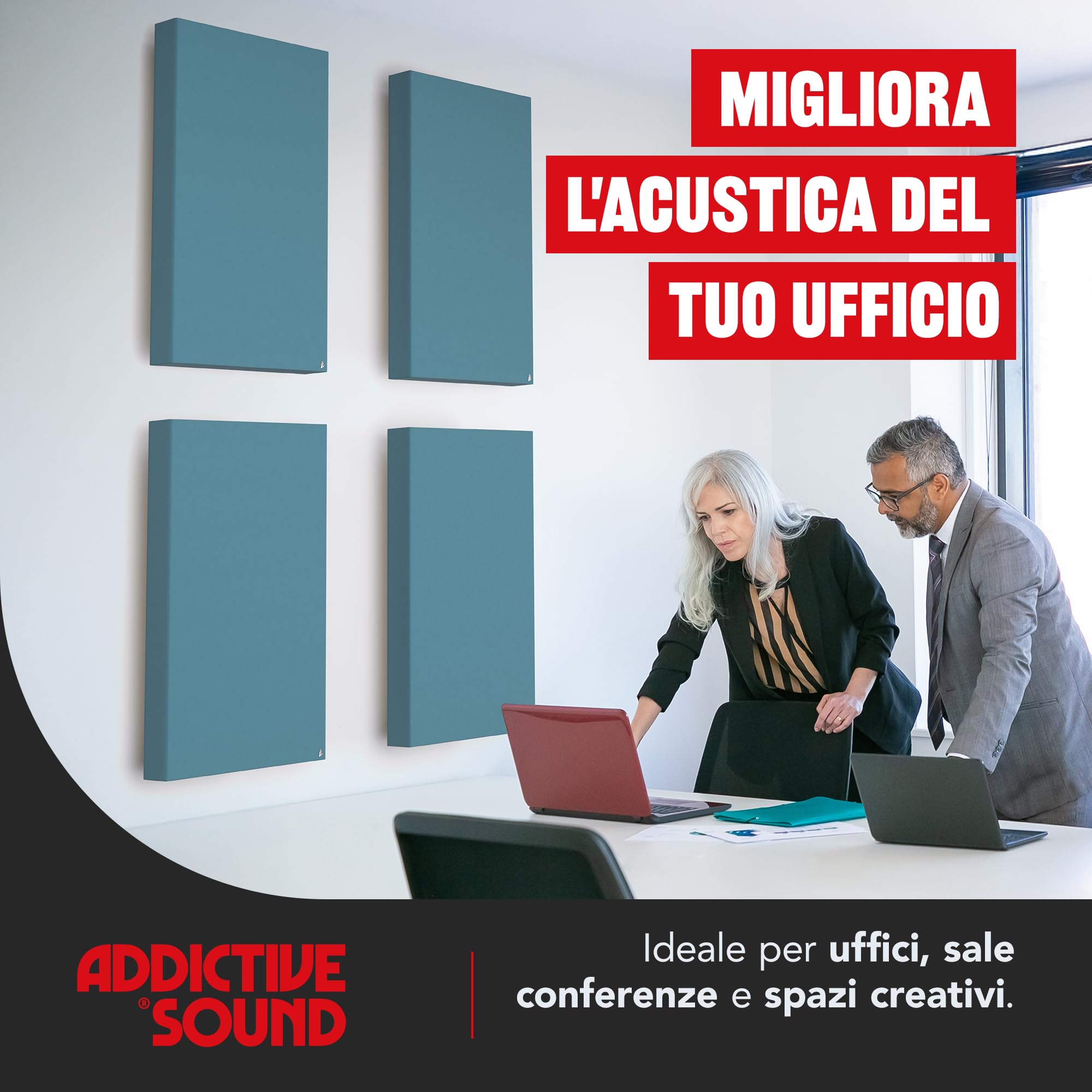 Addictive Sound Pannelli Fonoassorbenti Premium, pannello acustico qualità studio con lana acustica, Classe A di assorbimento, prodotto in UE, kit parete/soffitto, 100x50x11 cm, 8 kg, Nero