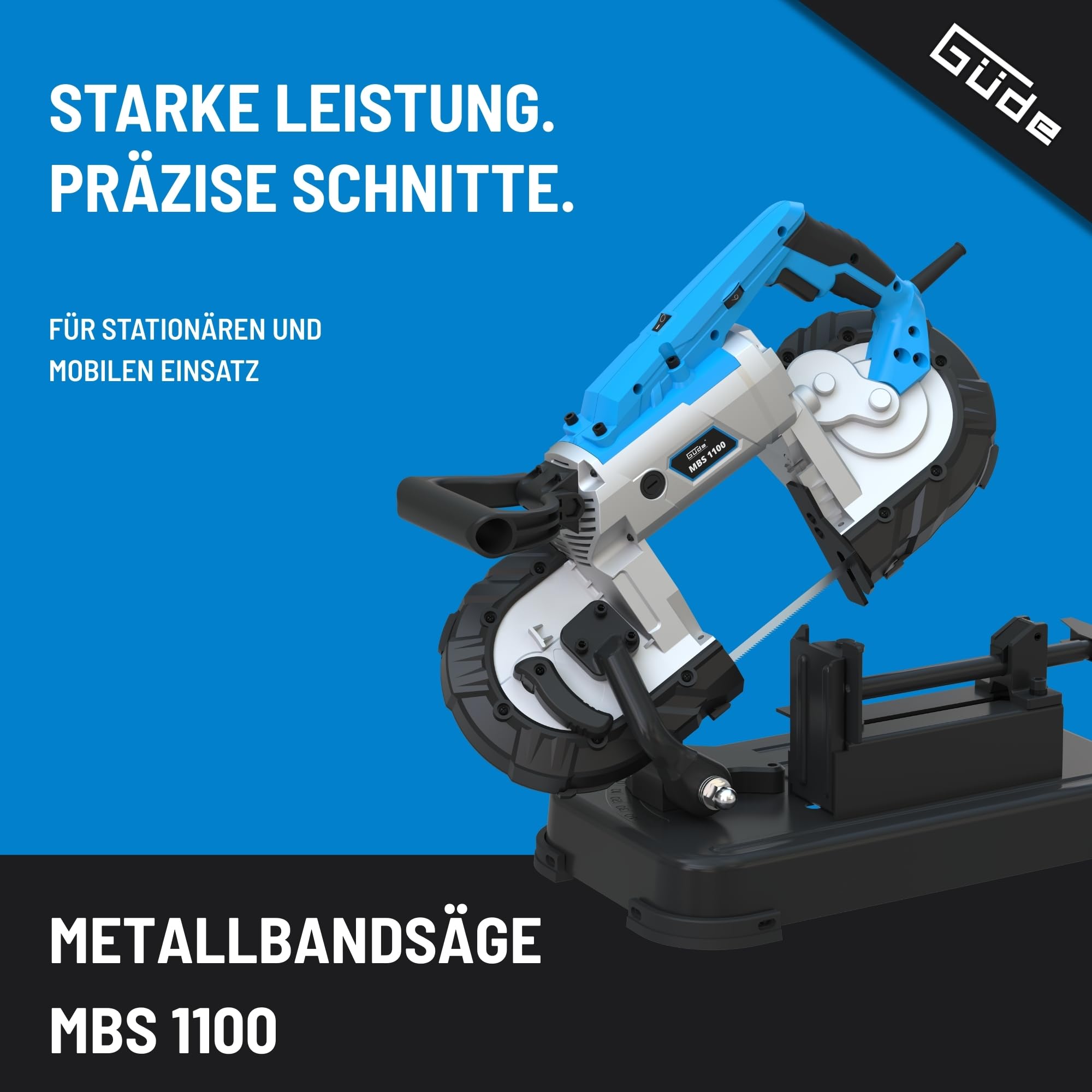 Güde Metallbandsäge MBS 1100 (1100 W, abnehmbarer Arbeitstisch (stationären & mobilen Einsatz), Bandgeschwindigkeit 144 m/min, 2 Sägebänder 1140 mm, LED Licht, Schnittleistung bis 100 mm/ø120 mm)
