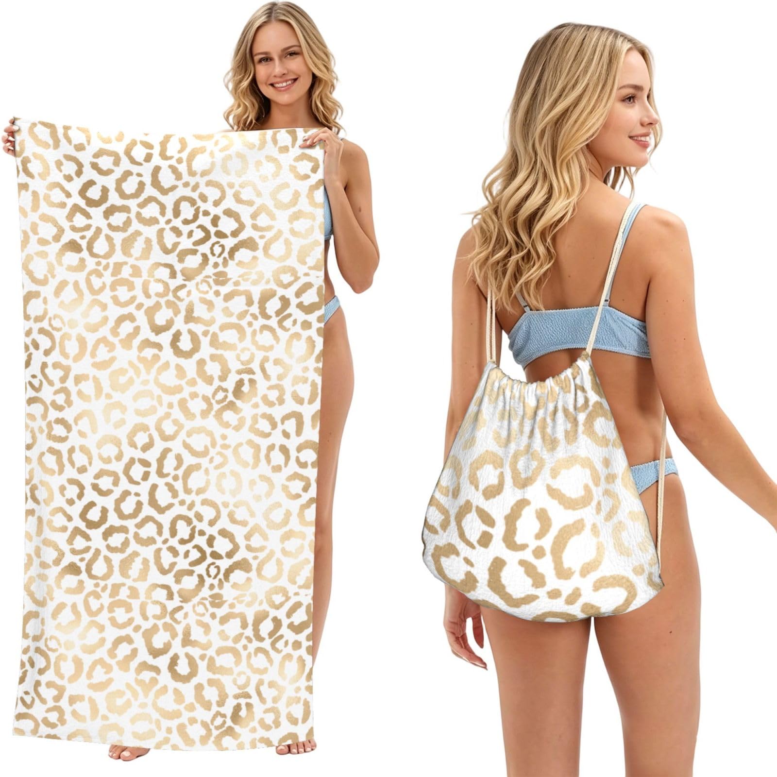 Poadnly As Picture Elegant Gold White Leopard Cheetah, 2 In 1 Packable Towel Bag, Beach Towels With Drawstring Backpack For Travel Holiday Camping