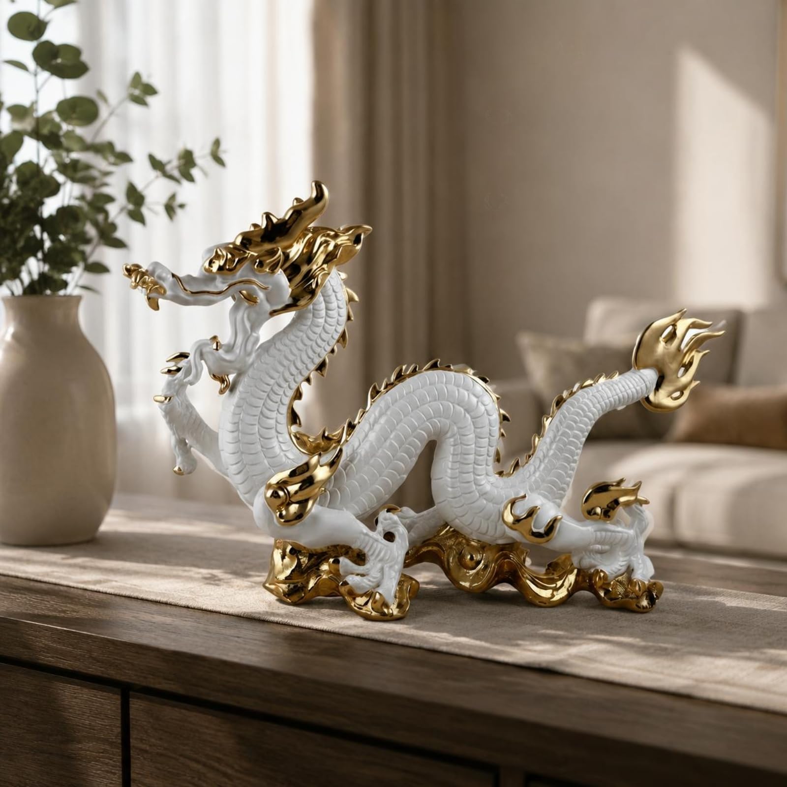 Elektroplattierte Drachenfigur Goldfarben Resin-Drache Sammlerstück Goldene Drachenstatue für Laden, Büro, Weißgold