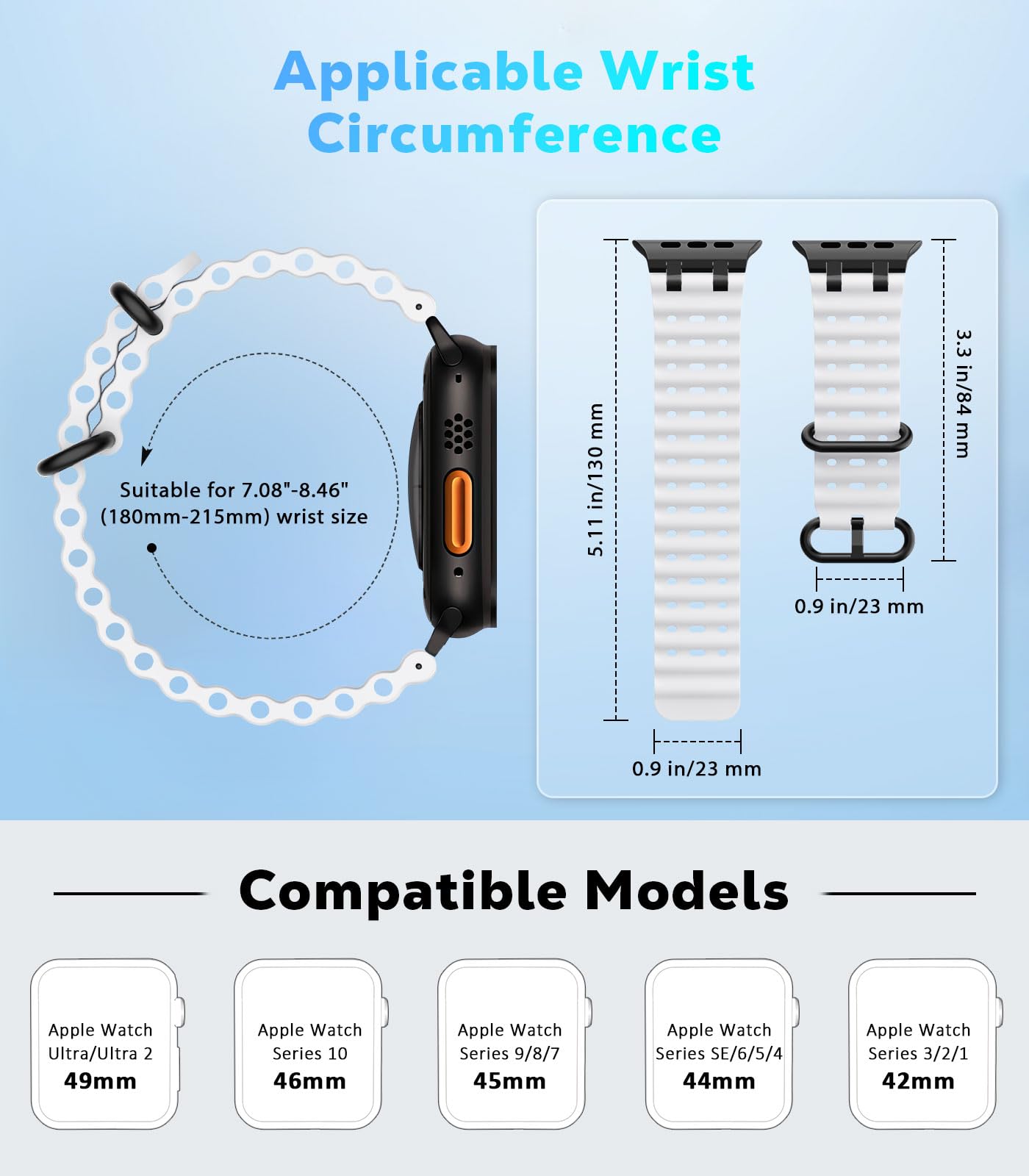 Astorgos Cinturino Ocean compatibile con Apple Watch Ultra 2/Ultra 49mm, S10 46mm, 9/8/7 45mm, SE/6/5/4 44mm, 3/2/1 42mm, Cinturini Sportivo con Connettore in Metallo per Uomo e Donna