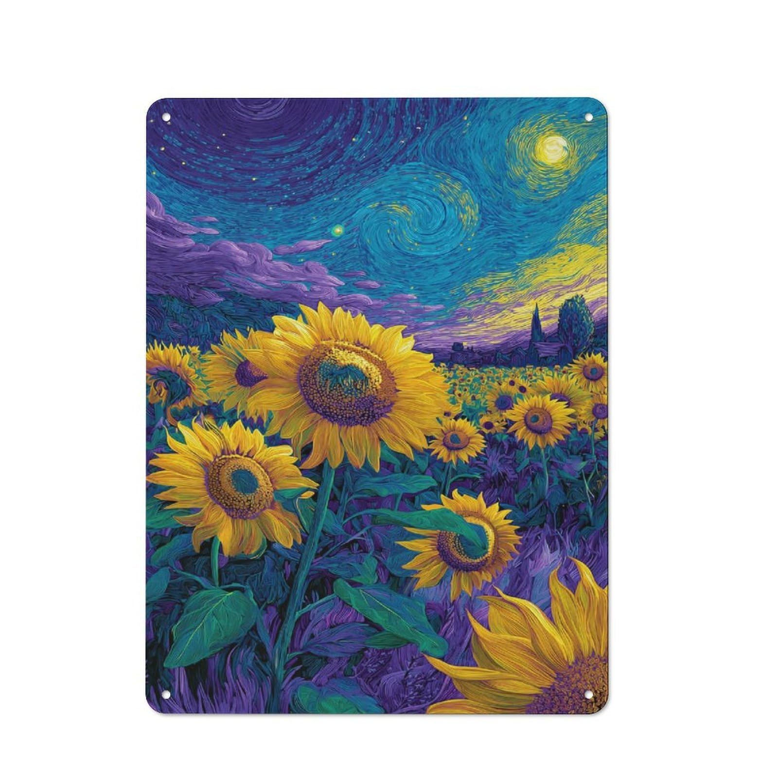 Junmoney Sunflowers Under A Starry Sky Rustic Metal Plaque 40X30cm For Hobby Room Or Studio, For Vintage Wall Decor Fans, For Garage And Workshop Walls