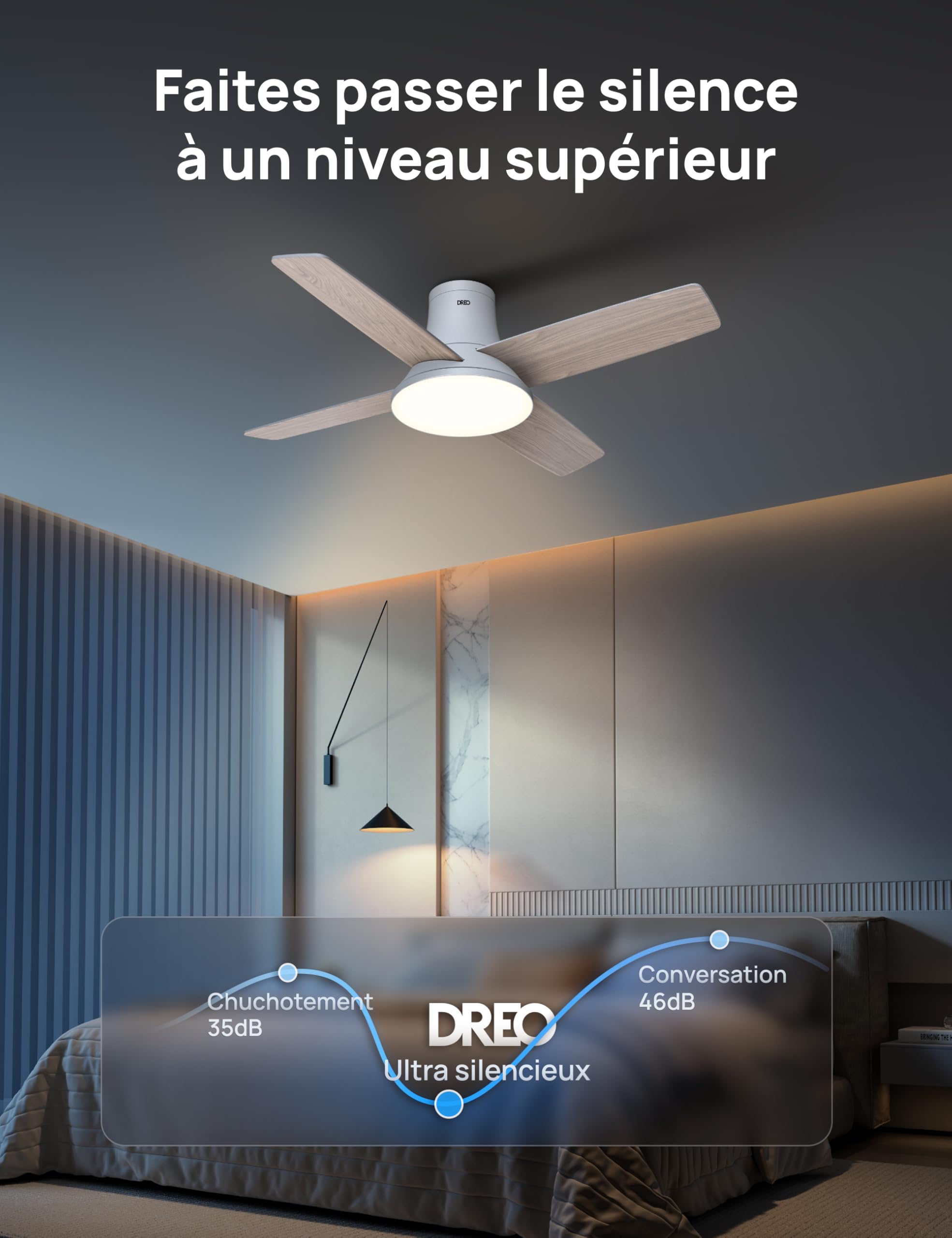 DREO ventilateur de plafond avec lumière, 12 vitesses, 3 modes, moteur CC silencieux, montage facile, LED dimmable, télécommande et minuterie 12 h, ventilateur de plafond blanc pour chambre et salon