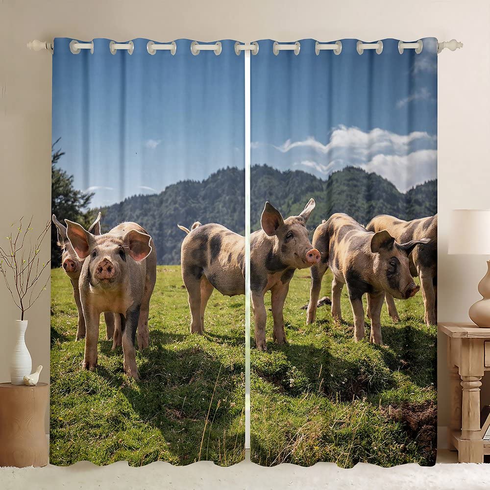 Świnia Zaciemniająca okna dreapes urocze 3D zwierzęta zasłona świnki kawaii zasłony zaciemniające (30%-50%) do sypialni zielona natura dekoracje okienne szer. 52 x dł. 90