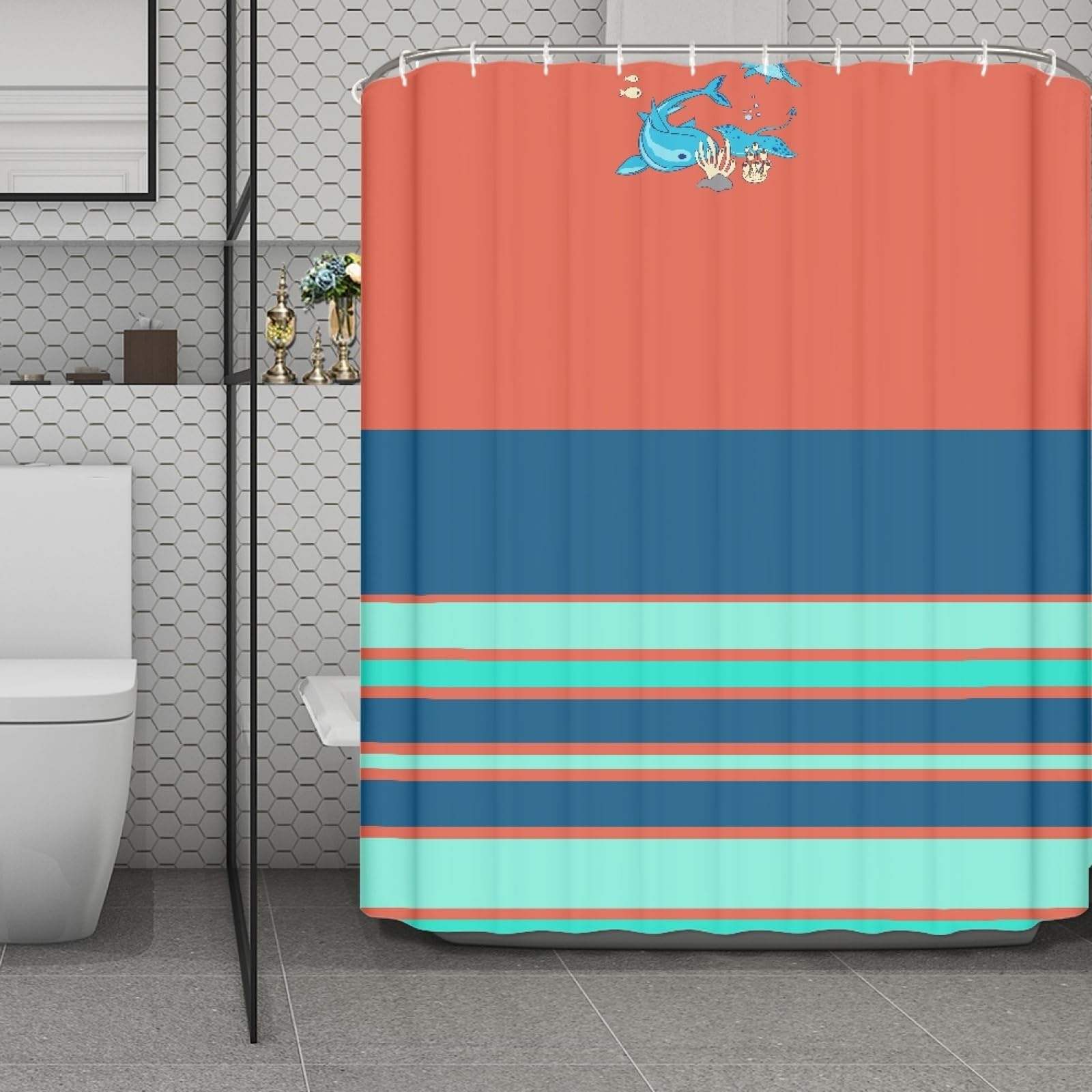 Rideau de douche motifs rouge vert bleu 200x240 pour une salle de bain coloree