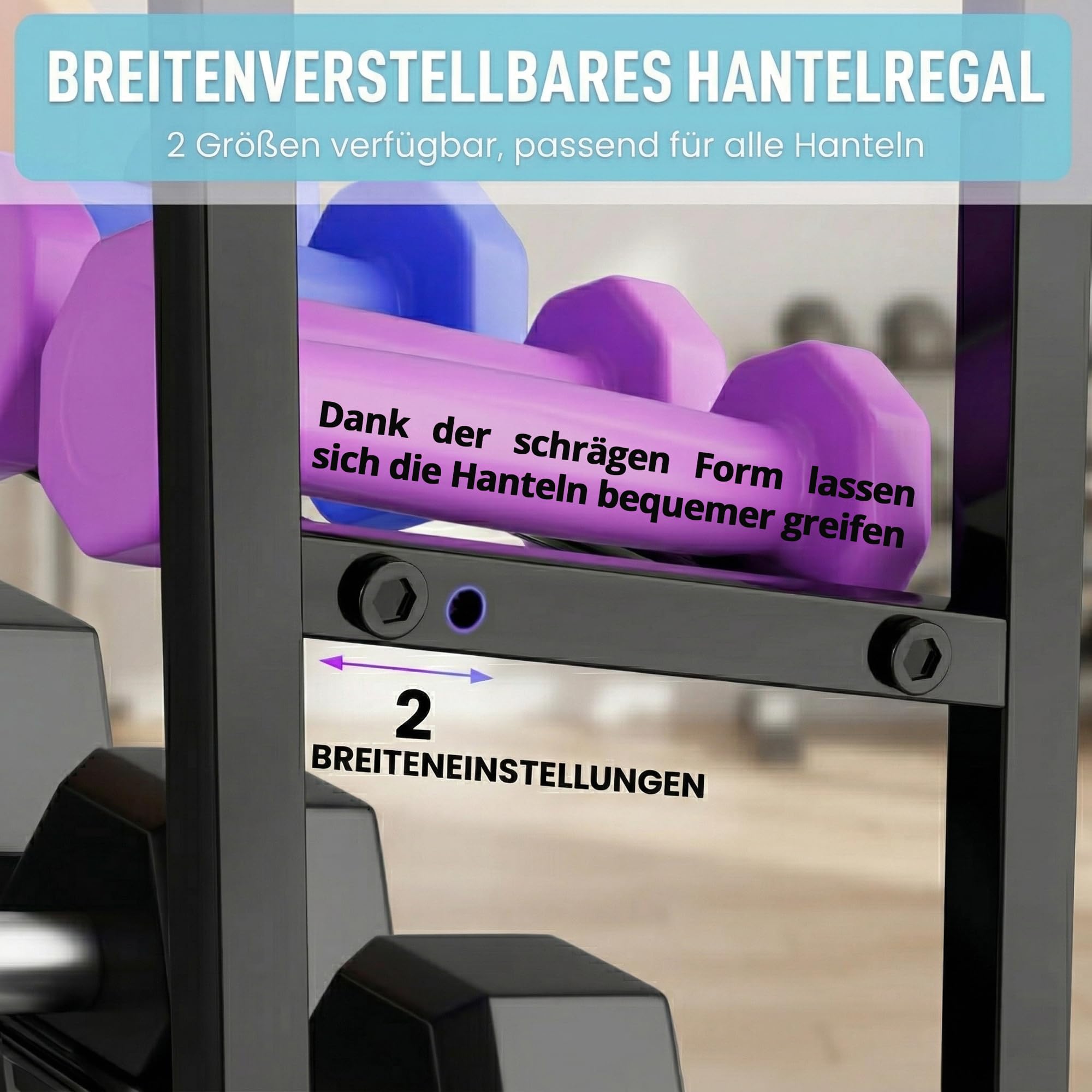 Hantelständer & Gewichtsablage für Home Gym, All-in-One Fitness Aufbewahrung mit Rollen & Haken für Kurzhanteln, Kettlebells, Yogamatten, Verstellbares Hantelregal aus Stahl