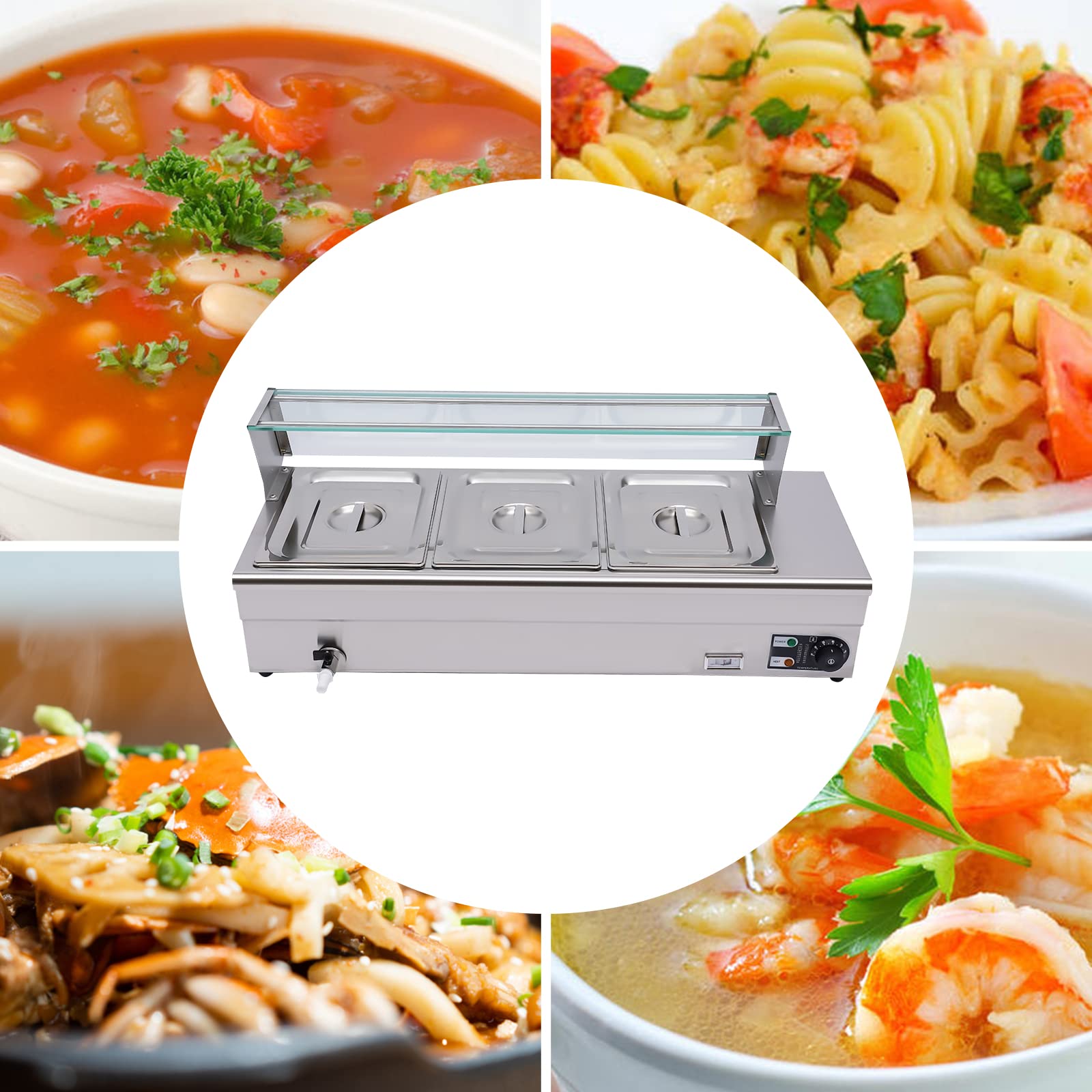 Riscaldatore piatto elettrico in acciaio inox 1200 W bagno marie a 3 casseruole Chafing Dish temperatura regolabile con coperchi,per la casa, caffetteria, festa di compleanno, ristorante, festa