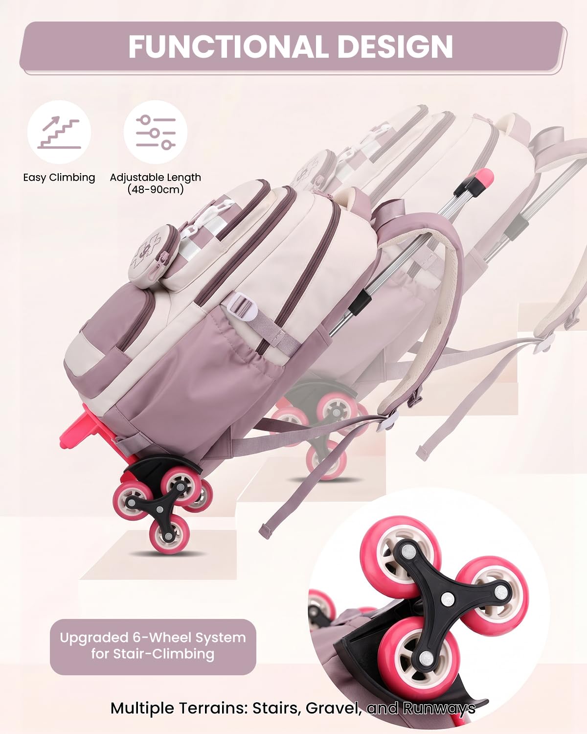 Amythe Cartable à Roulettes Fille – 6 Roues Amovible, 9-16 Ans, Violet