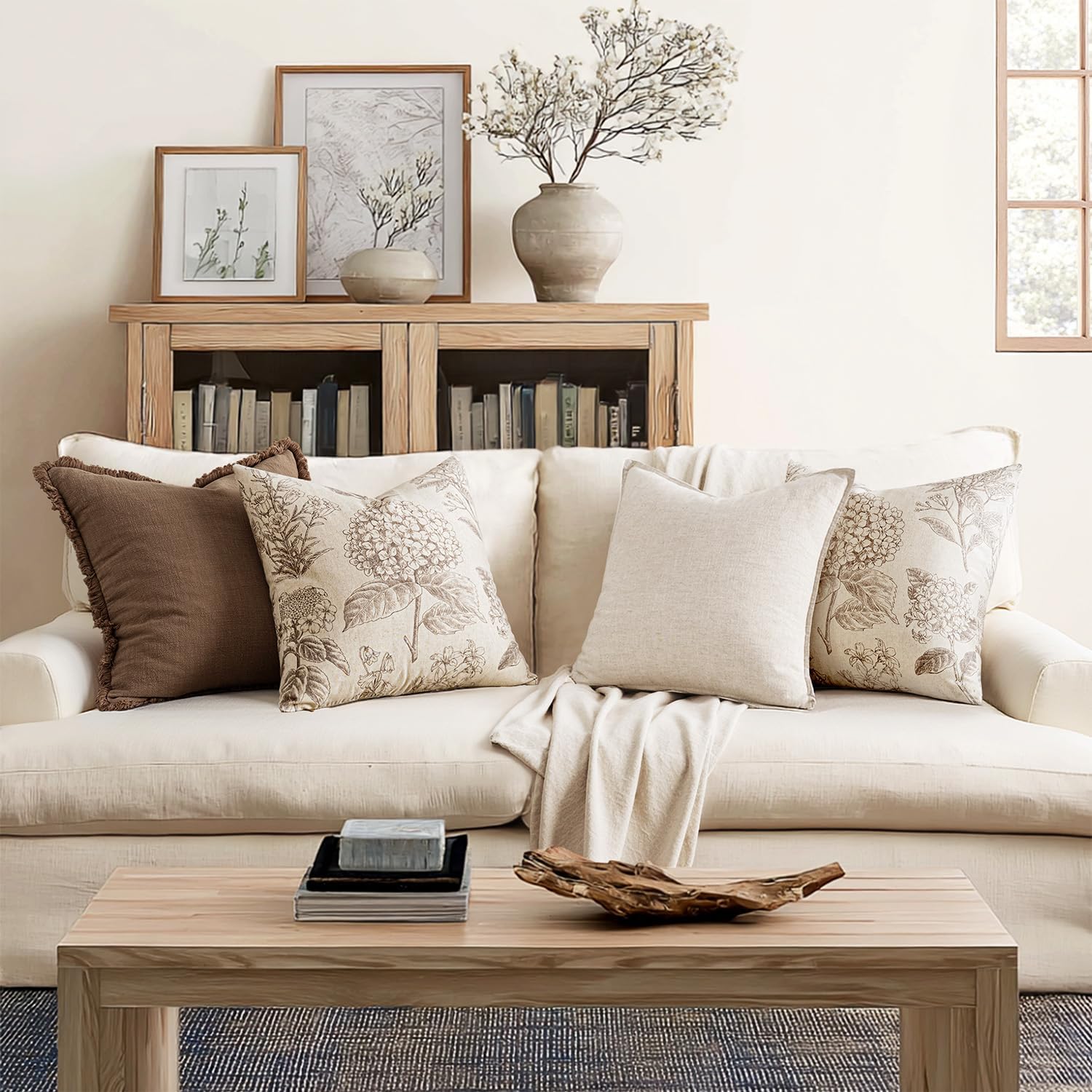 Set of 2 Decorative Floral Neutral Pillow Covers 20x20 Inch Light Brown Hydrangea Print Spring Boho Vintage Throw Cushion Covers for Sofa Couch Porch Bedroom Living Room Summer Home Decor