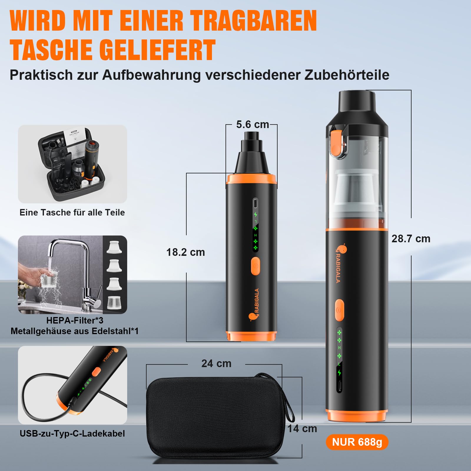 RABIGALA Handstaubsauger Akku 4-in-1, 30000PA Auto Staubsauger Stark mit hoher Leistung, Autostaubsauger Akku Testsieger, 3-Gang 280000 U/min Handstaubsauger Kabellos für Auto, Bürotisch, Tastaturen