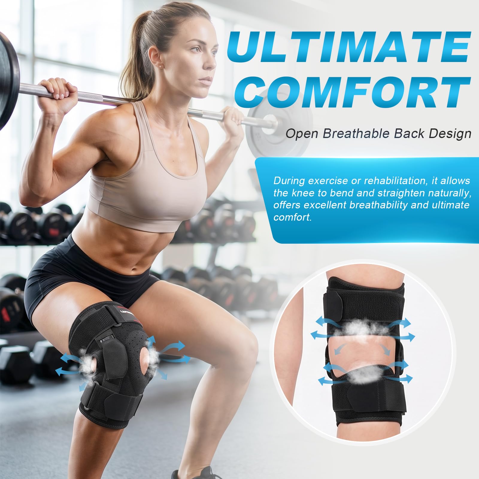 Lexniush Genouillère Sport Réglable avec Stabilisateurs Latéraux, Genouillere Arthrose Genou pour Ligamentaire, ACL/MCL, Attelle Genou et Coussin en Gel Rotulien pour Sport, Course, Running