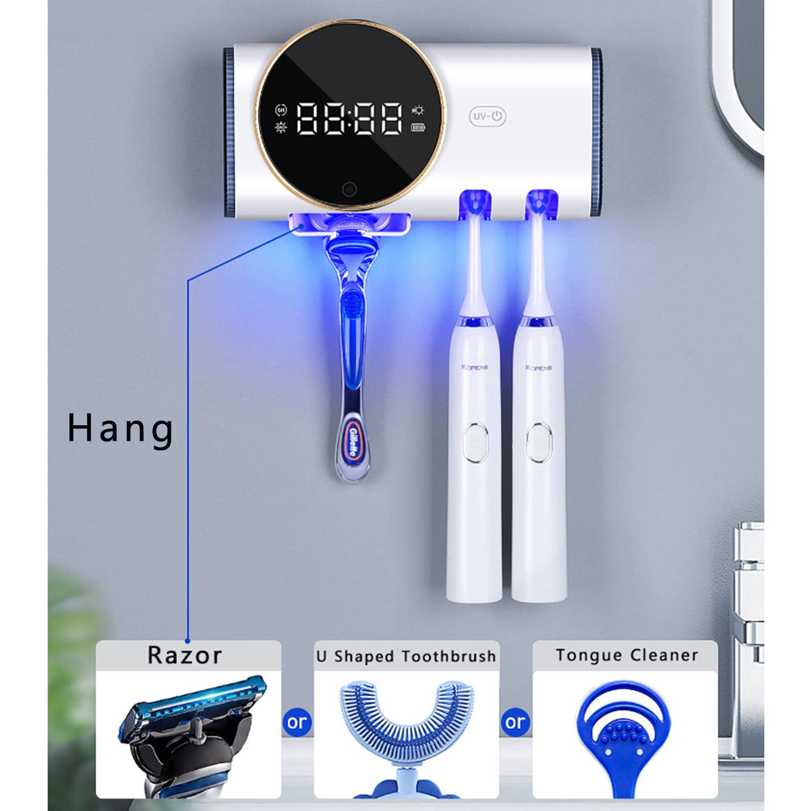 Porta Cepillo de Dientes, Soporte Cepillo de Dientes con Afeitadora Función Esterilizador y Secado, LED Dispensador Pasta Dientes, Organizador Baño USB Recargable, Blanco