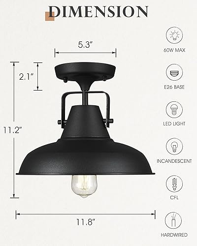 Miniatura 2 de Audickic AD-2135-1SF - Lámpara de techo semiempotrada de 1 luz, lámpara de techo negra de granja, iluminación industrial cercana al techo para