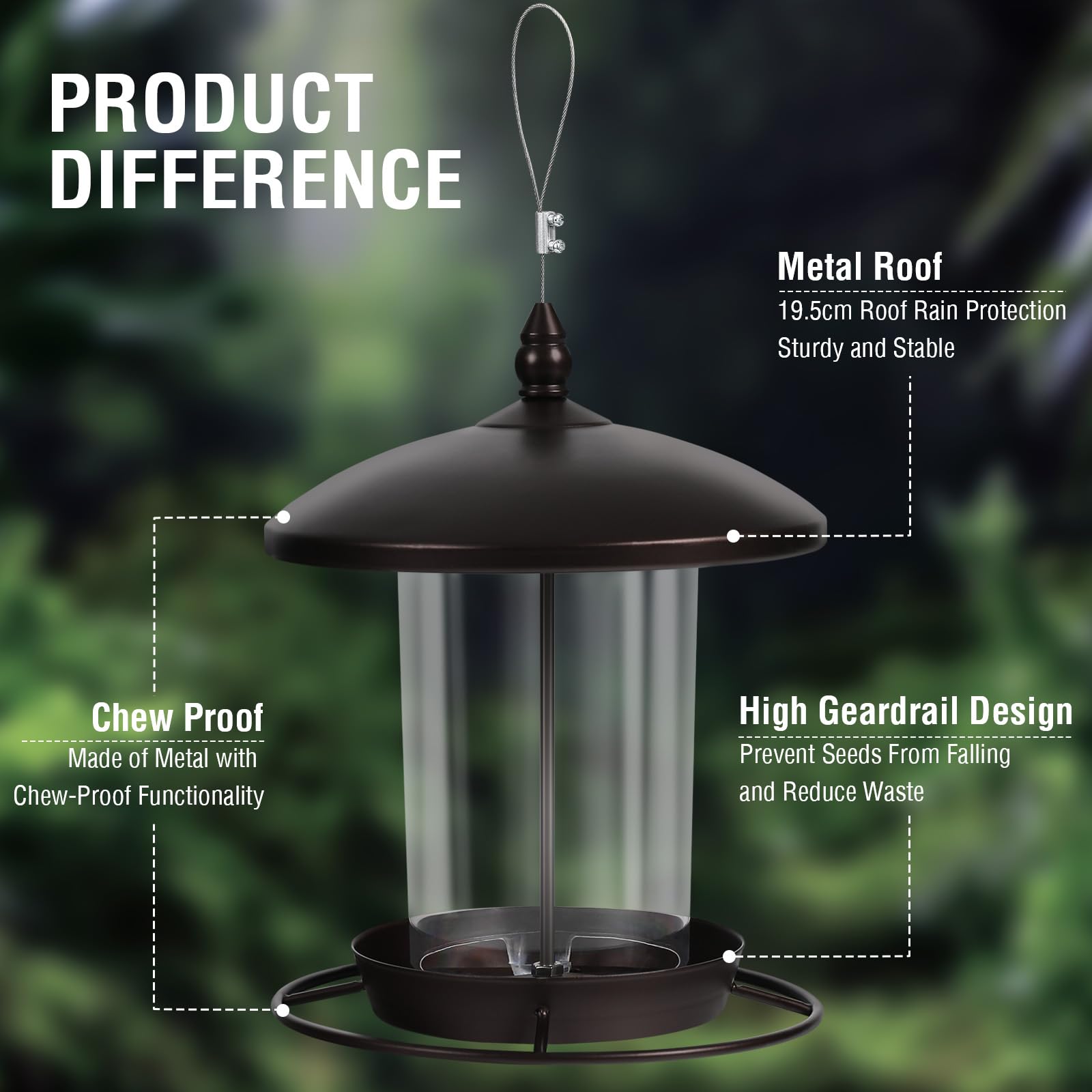 Metal Bird Feeder for Outdoors Hanging,3.0LB Seed Feeder,Easy to Fill & Clean,360° Feeding,Weatherproof Roof for Gardens and Wild Birds,Brown - Detailed View