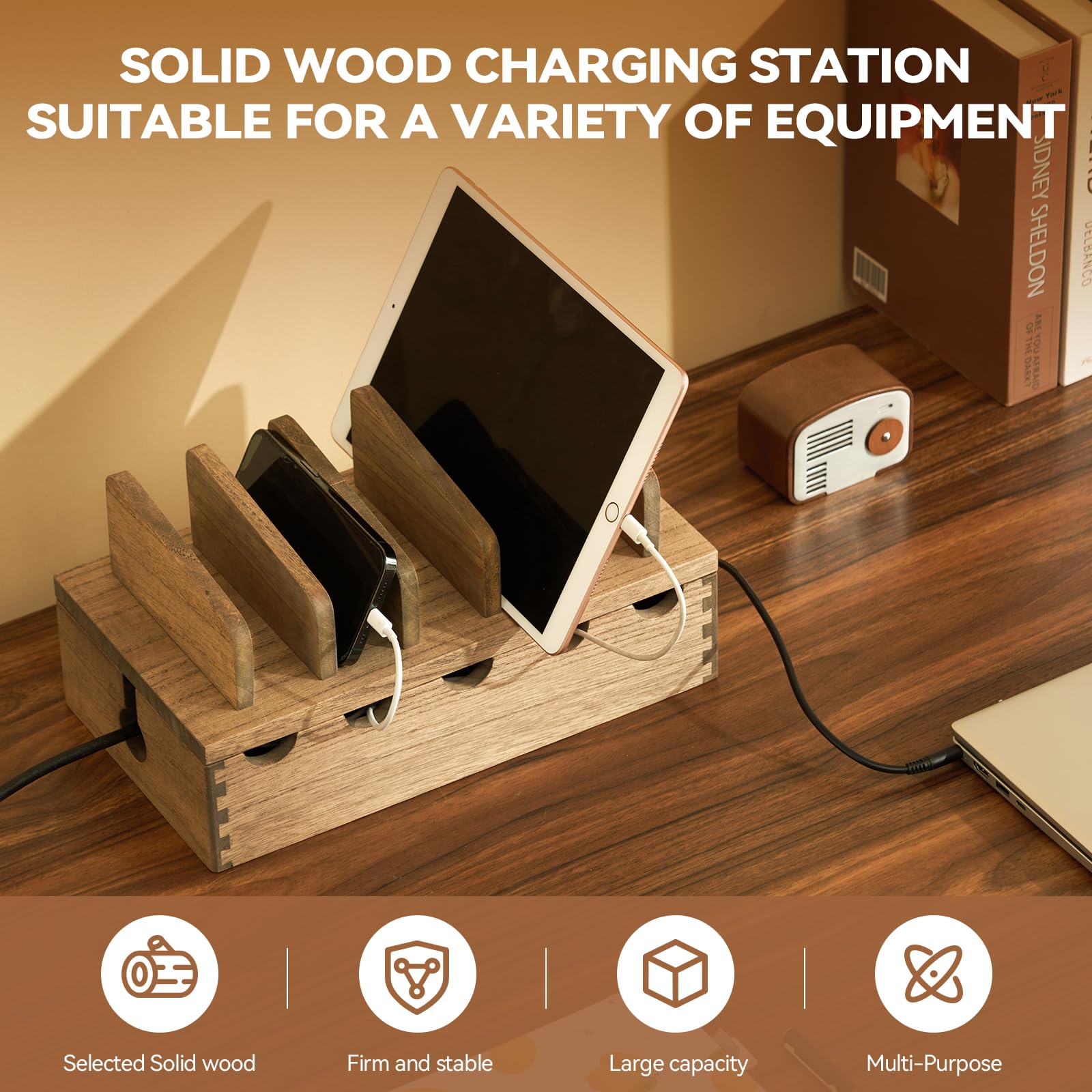 KIRIGEN Wooden Cell Phone Stand Charging Station Desktop Charging Dock Holder Wood Desk Multi-device Cords Organizer Stand Charger Dock Cradle Rack for Home and Office(DDXH-DBR) - Image 2