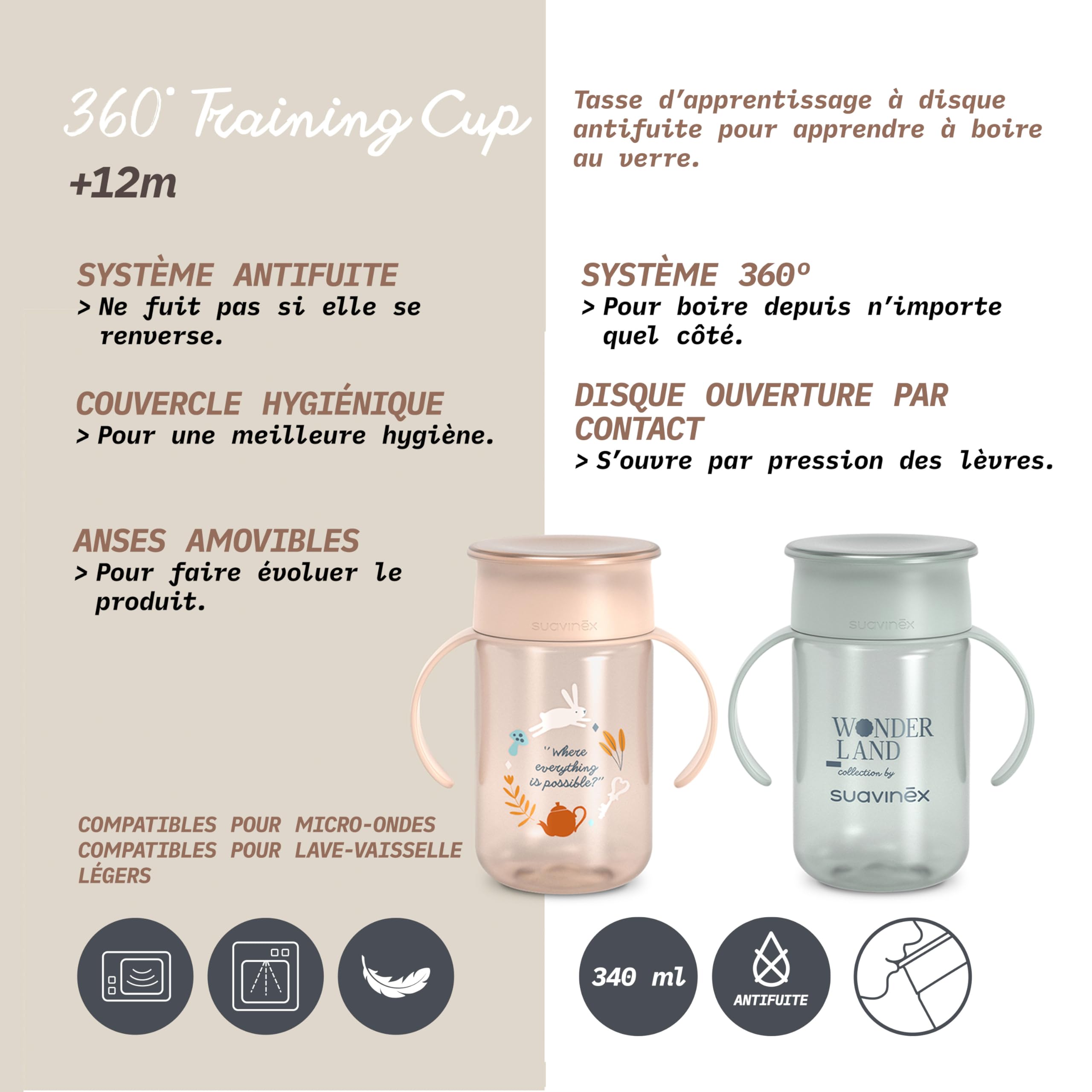 Suavinex, Tasse Apprentissage pour Bébé, avec Disque Anti-Fuite, Magic Cup Rebord Antifuite 360°, Anses Amovibles, Couvercle Hygiénique, Compatible Lave-Vaisselle, 340 ml, +12 Mois, Wonderland, Rose