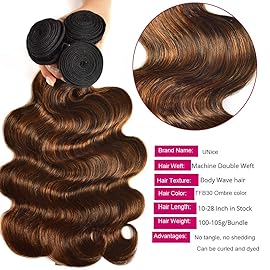 UNice Brown Highlight Body Wave Human Hair Weave 3 Bundles 8 10 12 inch, Brazilian Remy Hair Ombre Blonde Human Hair Wavy Weaves Sew in Piano Color TFB30