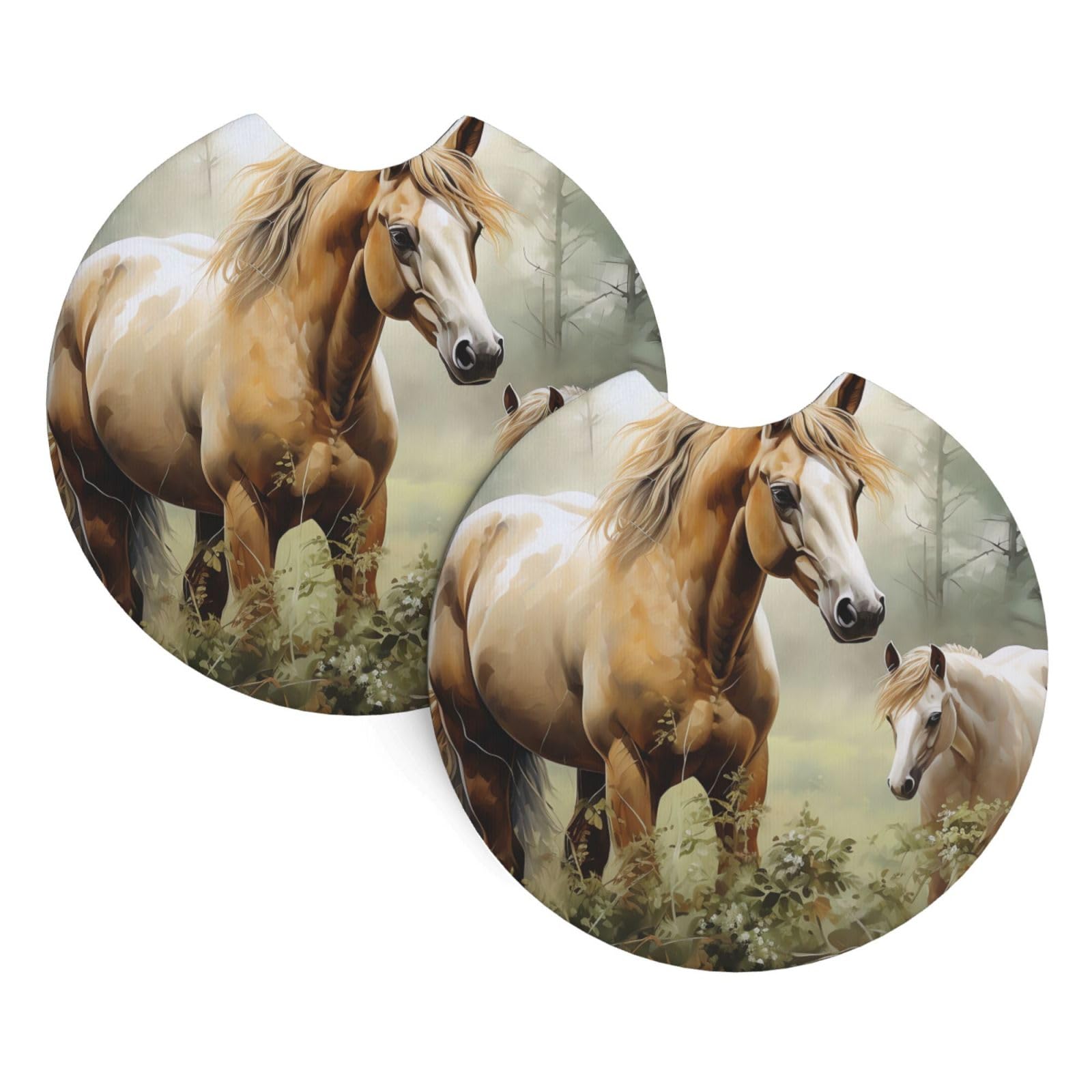 2PCS Car Coaster for Cup Holders Universal Auto Cup Mat Animals Embroidery Paintings Horses Cup Coaster Pad 2.7" Waterproof Neoprene Non-slip Cup Holder Coasters Car Interior Accessories for Women Men