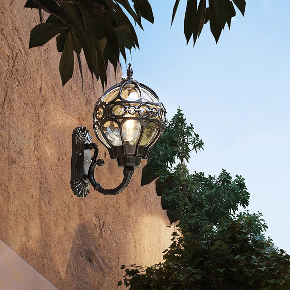 Mengjay Kinkiet zewnętrzny E27 IP44 lampy zewnętrzne kinkiety vintage kula design kinkiet z brązu wewnętrzne oświetlenie patio na zewnątrz dom ogrodowy tarasy wejściowe balkon lampa (Czarny-Duży)