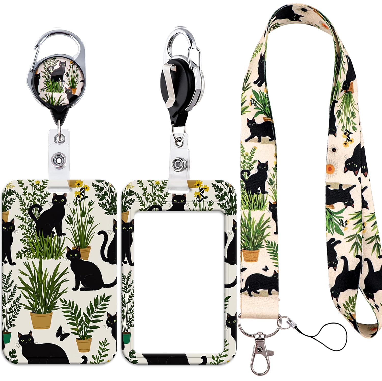 Lanyard with Sliding ID Card Holder Self Retracting ID Badge Holder Pretty Name Tag Lanyard with 360 Rotate Keychain Clip for Office School Teacher Work Badges, Green Plant & Cat โ image 1