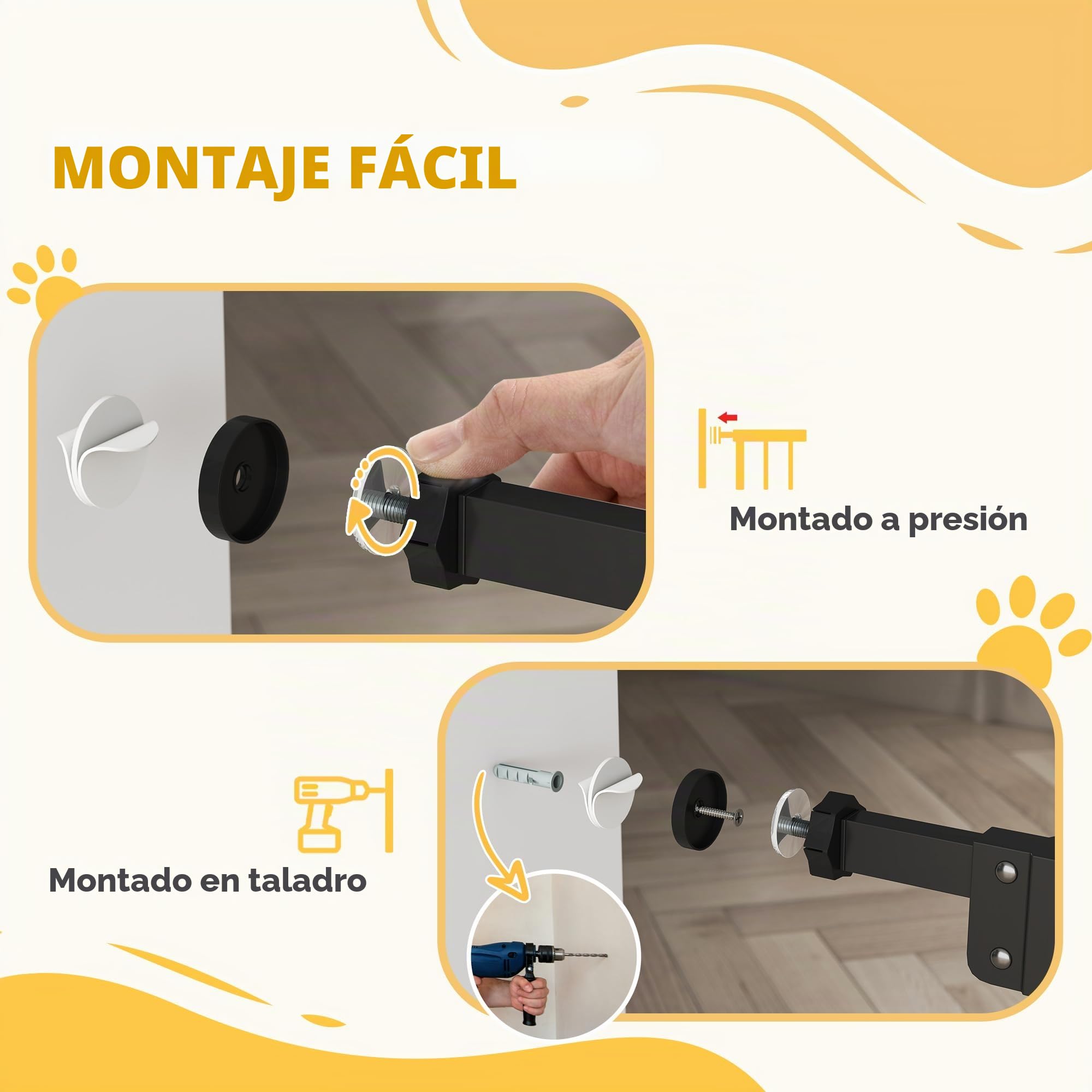 PawHut - Barrera de seguridad para animales de 104 cm, diseño alto, con puerta de gato, cierre automático, sistema de doble bloqueo sin perforación, 74 a 80 cm, acero negro | Diseño alto, cierre automático, sistema de bloqueo doble, sin perforación, acero
