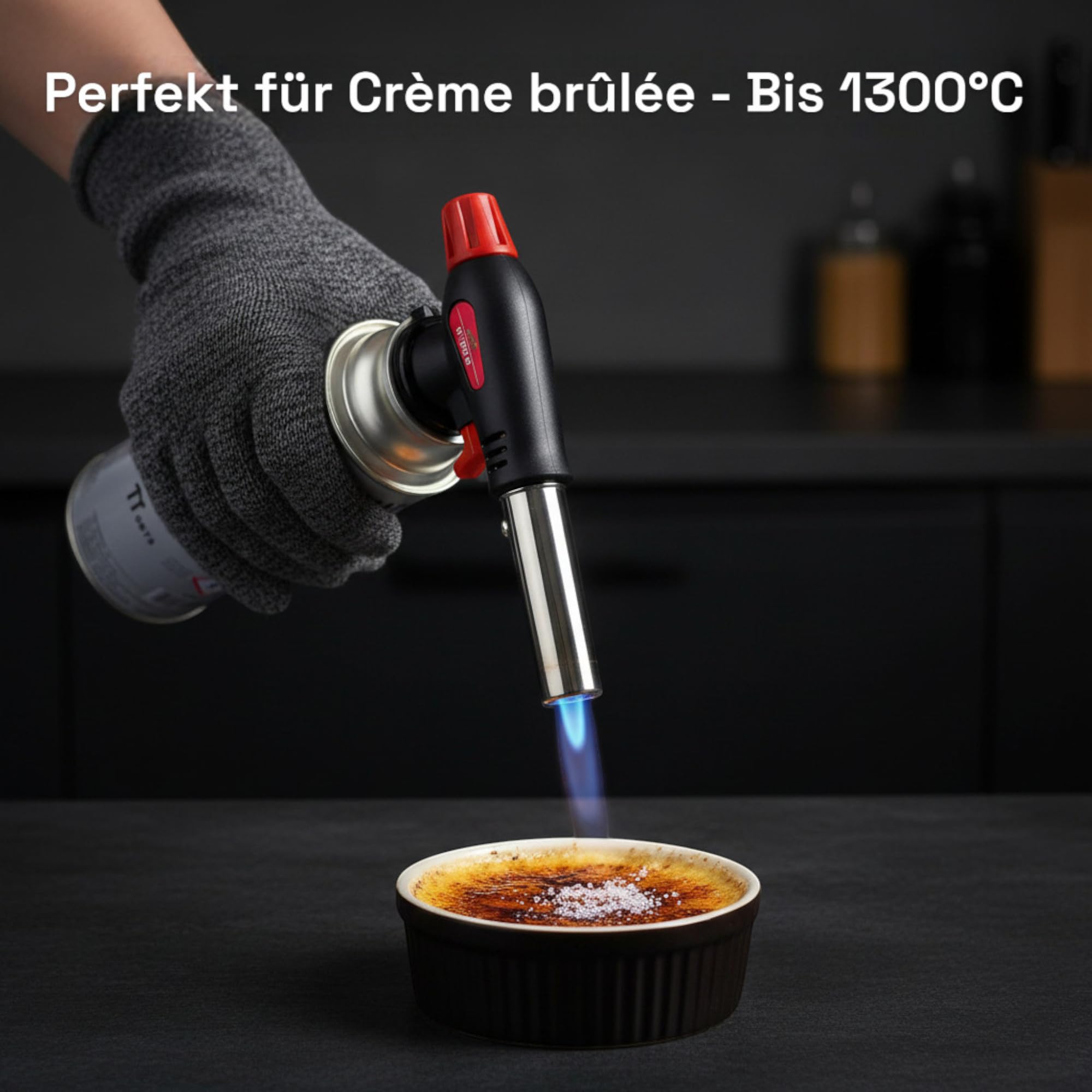 Quemador de Gas con 4 Cartuchos de 227 g, Soplete con Encendido Piezoeléctrico de Butano 1300 °C para Crema Brulee, Camping y Soldadura