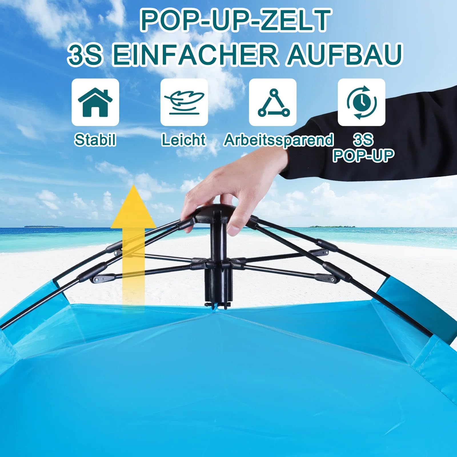 Strandmuschel, Automatisches Instant Pop Up Strandzelt, Leicht, UV-Schutz UPF 50+ Windschutz Strandzelt für Strand, Familie, Garten, Camping, Picknicks