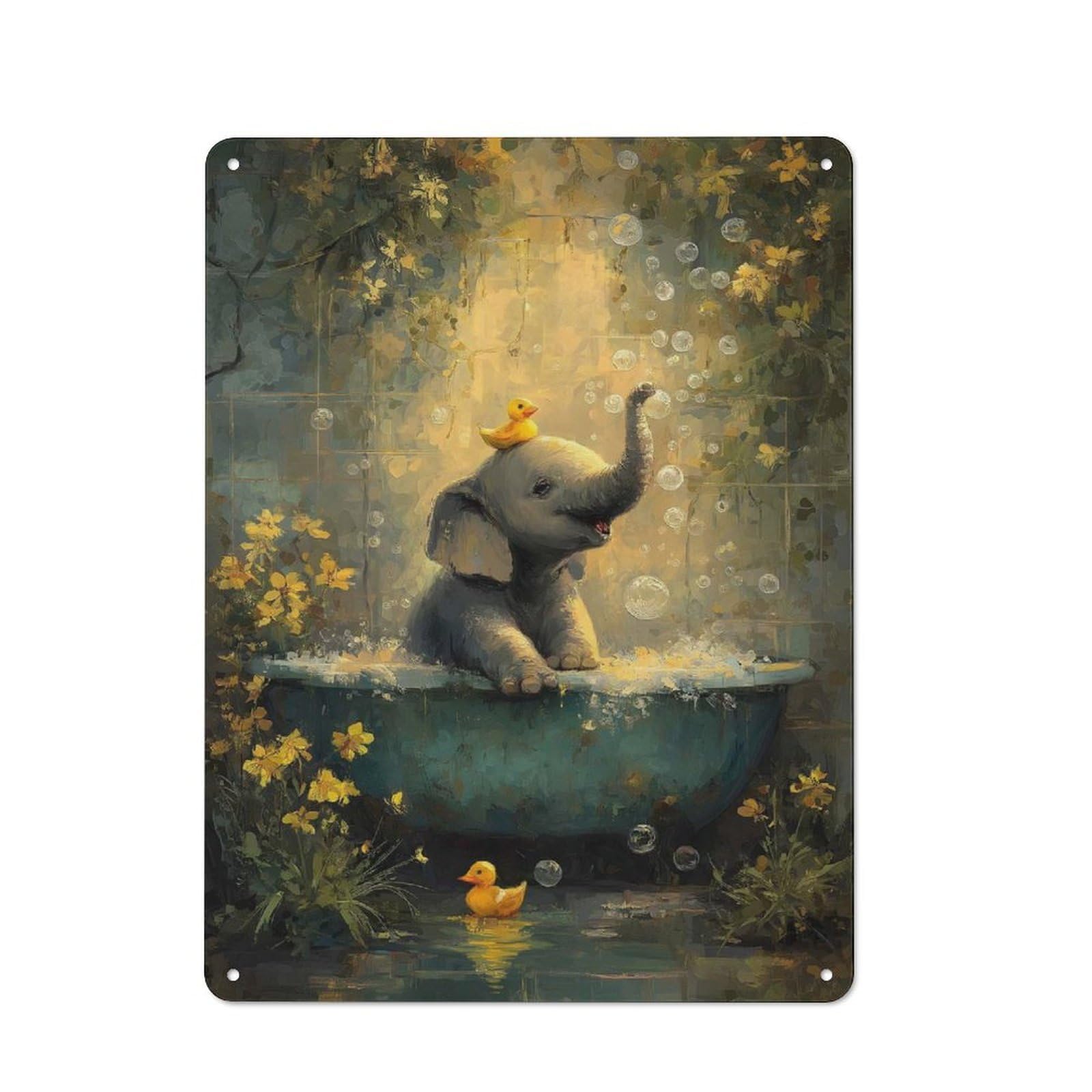 Elephant with Rubber Duckies in Bathtub Retro Metal Wall Decor 40x30cm, Metal Sign for Pub, Home Bar, Shed Or Man Cave, for Relaxed Wall Styling