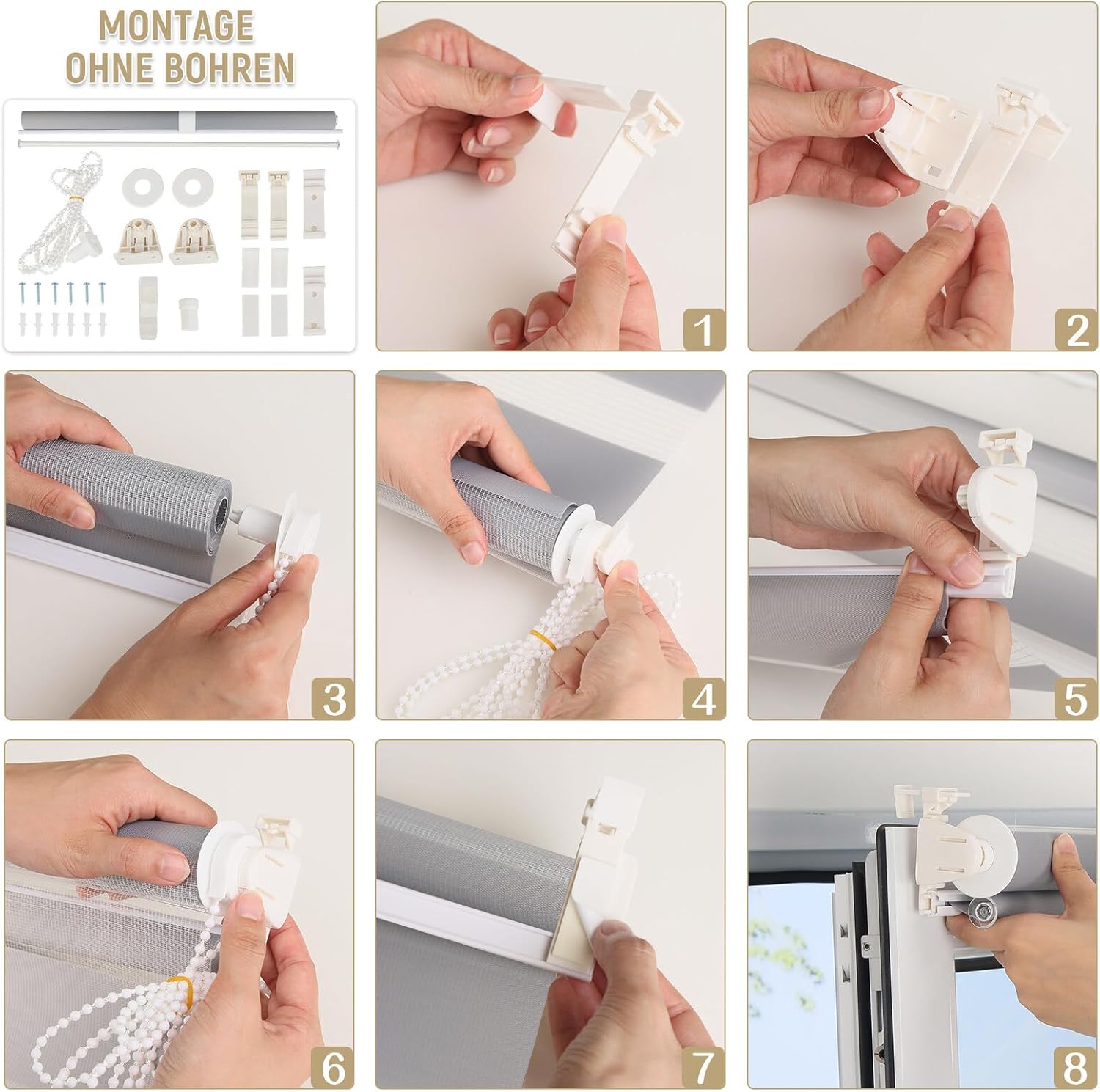 Doppelrollo Klemmfix ohne Bohren Weiß B90 x H120 cm (Stoffbreite 86cm) Rollos für Fenster ohne Bohren für Fenster mit Lichtdurchlässig & Verdunkelnd/Höhe Stufenlos Verstellbar B90 x H120 cm Weiß - 5