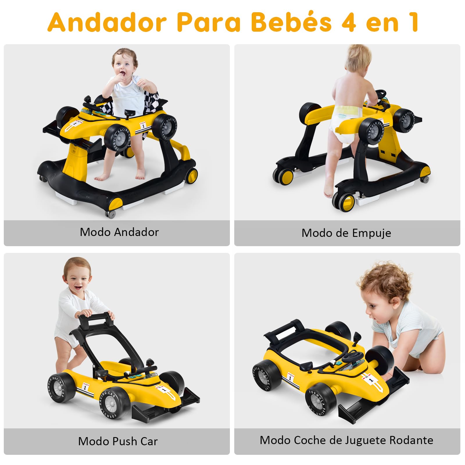 RELAX4LIFE 4 en 1 Andador para Bebés 6-18 Meses, Andador Plegable con Altura Regulable en 3 Niveles, Tacatá Bebés con Luces, Sonidos y Velocidad Controlable, 64 x 73 x 50,5-55,5 cm (Amarillo)