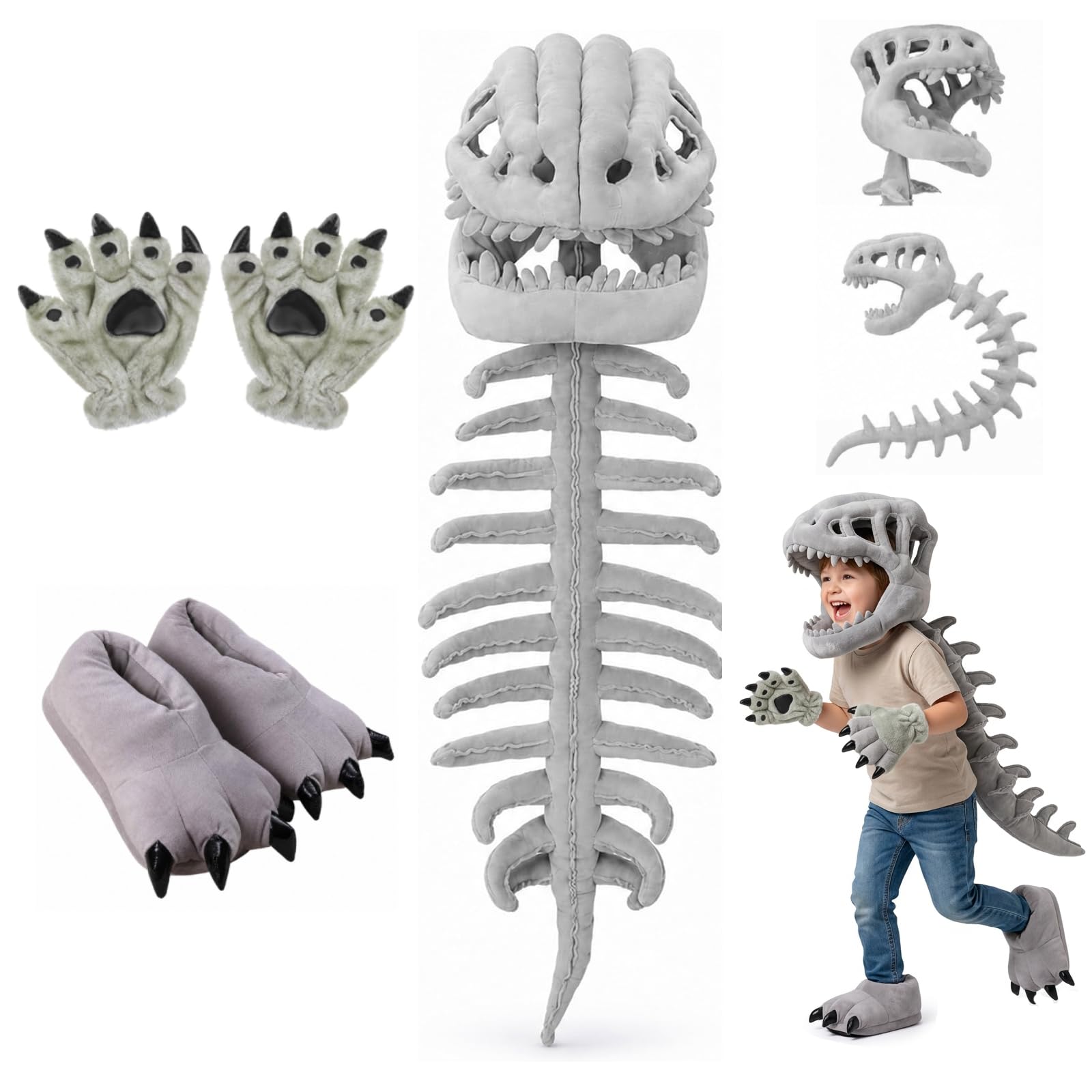 JulFunny Dinosaur Costume 3D Skeleton Design with Claw Gloves and Slippers