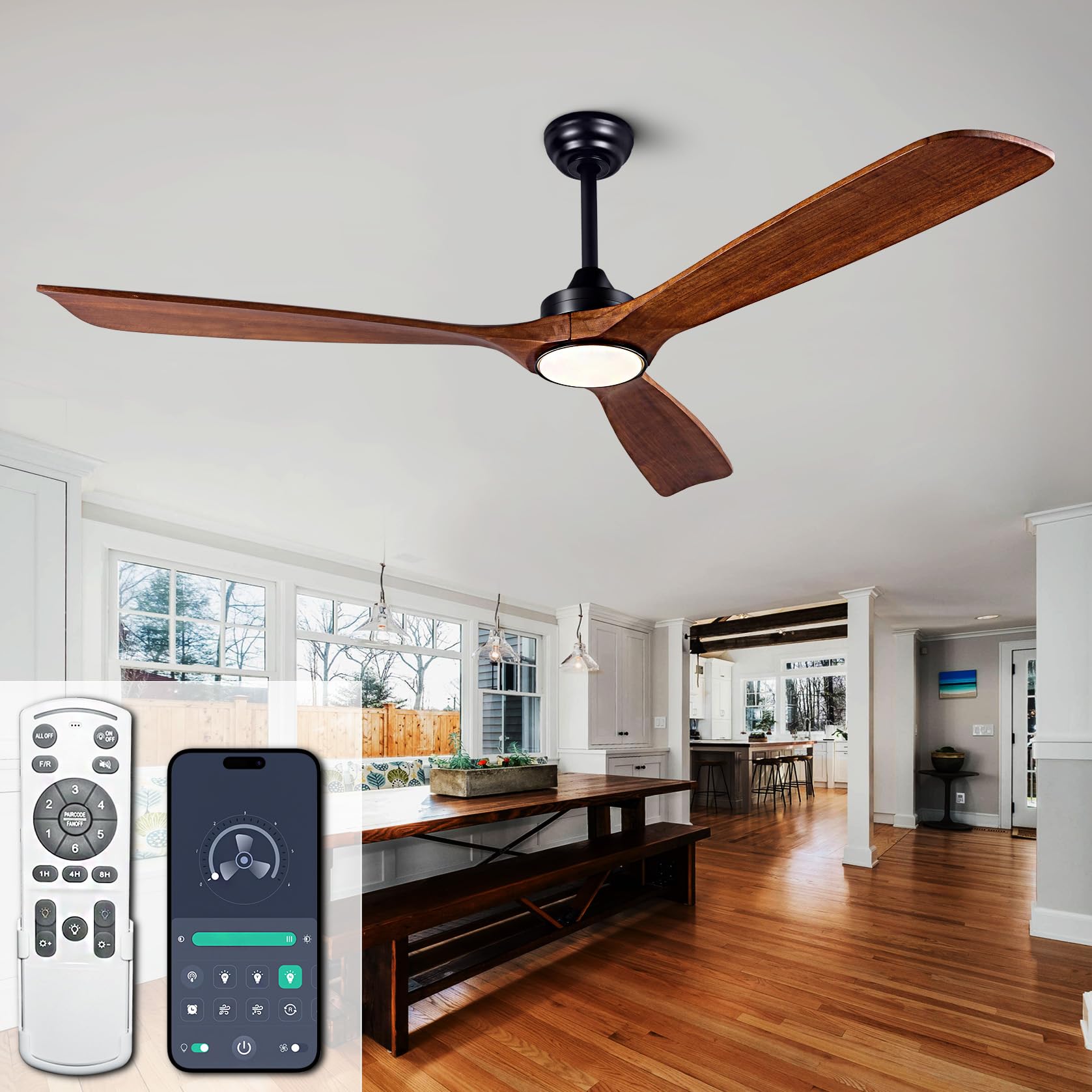 Ceiling Fans with Lights, 60 Inch Ceiling Fan with Remote/APP Control,3CCT Dimmable Light,Noiseless Reversible DC Motor,3 Solid Wood Blades,Indoor/