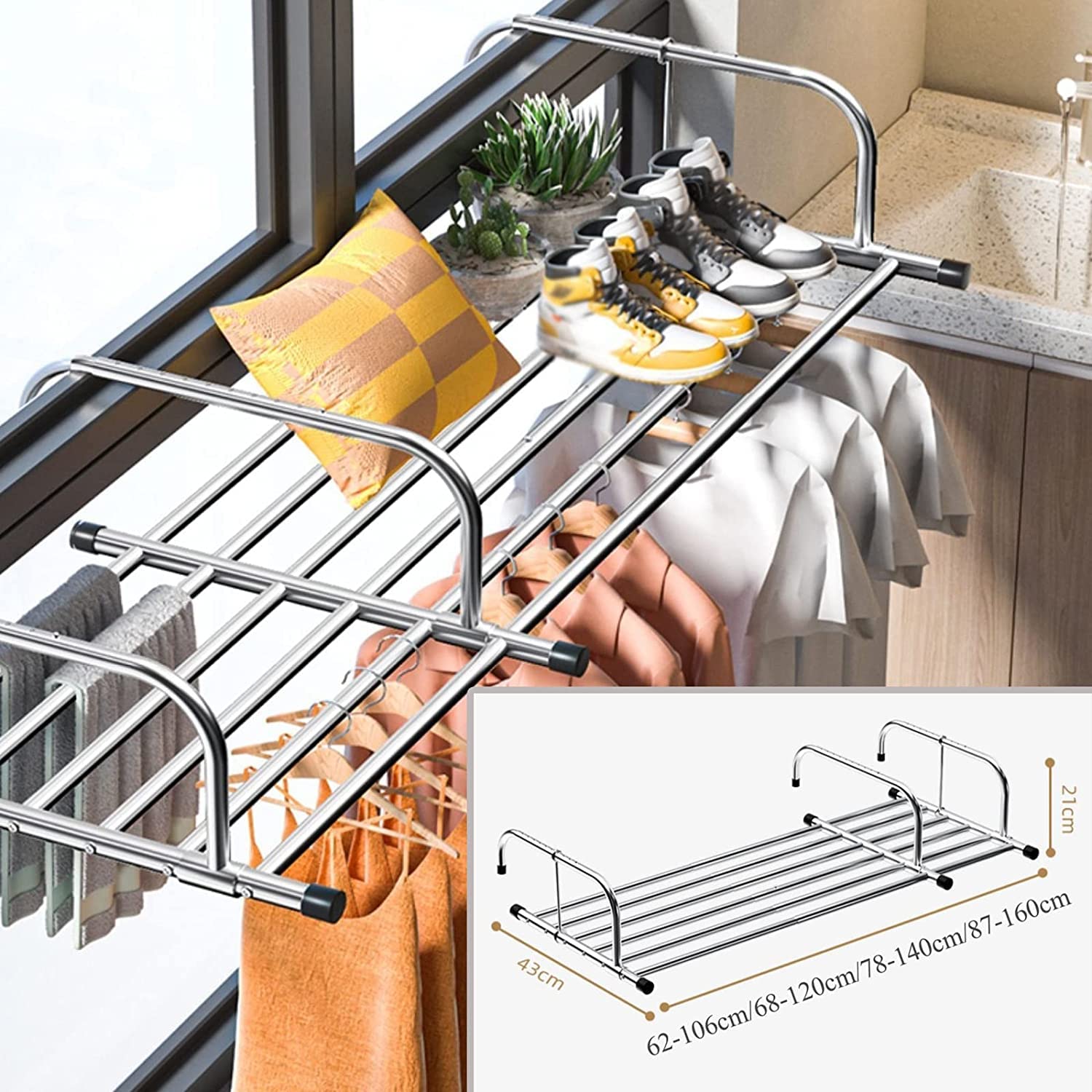 Wäscheständer, Wäscheständer aus Edelstahl, ausziehbarer Wäscheständer, Wäscheständer für den Balkon, um 360° drehbar und zusammenklappbar, sofort einsatzbereit, sobald er aufgehängt ist, an der Wan