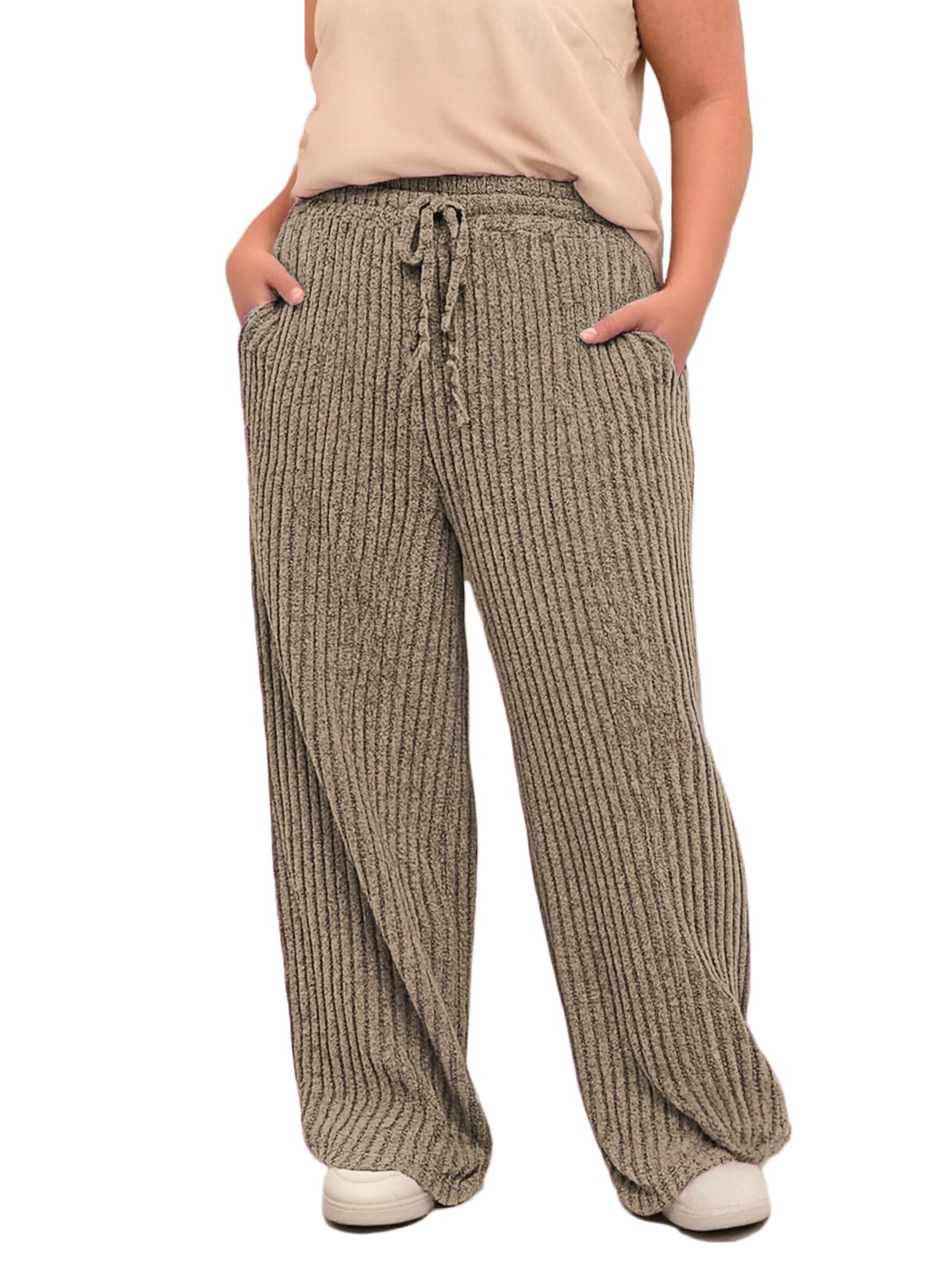 ROSRISS Plus Size Wide Leg Pants for Women High Waist Adjustable Drawstring Loose Trousers Casual Lounge Pants with