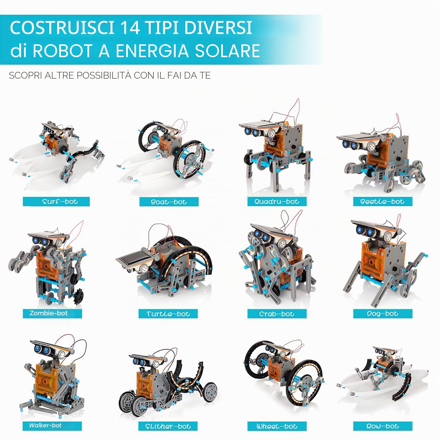 14 in 1 Robot a Energia Solare, STEM Robot Science Toys Kit Giocattolo per Bambini, Giocattoli Educativi Robot Solare, DIY Building Toy per Bambini Ragazzi e Amanti della Scienza (Grigio)