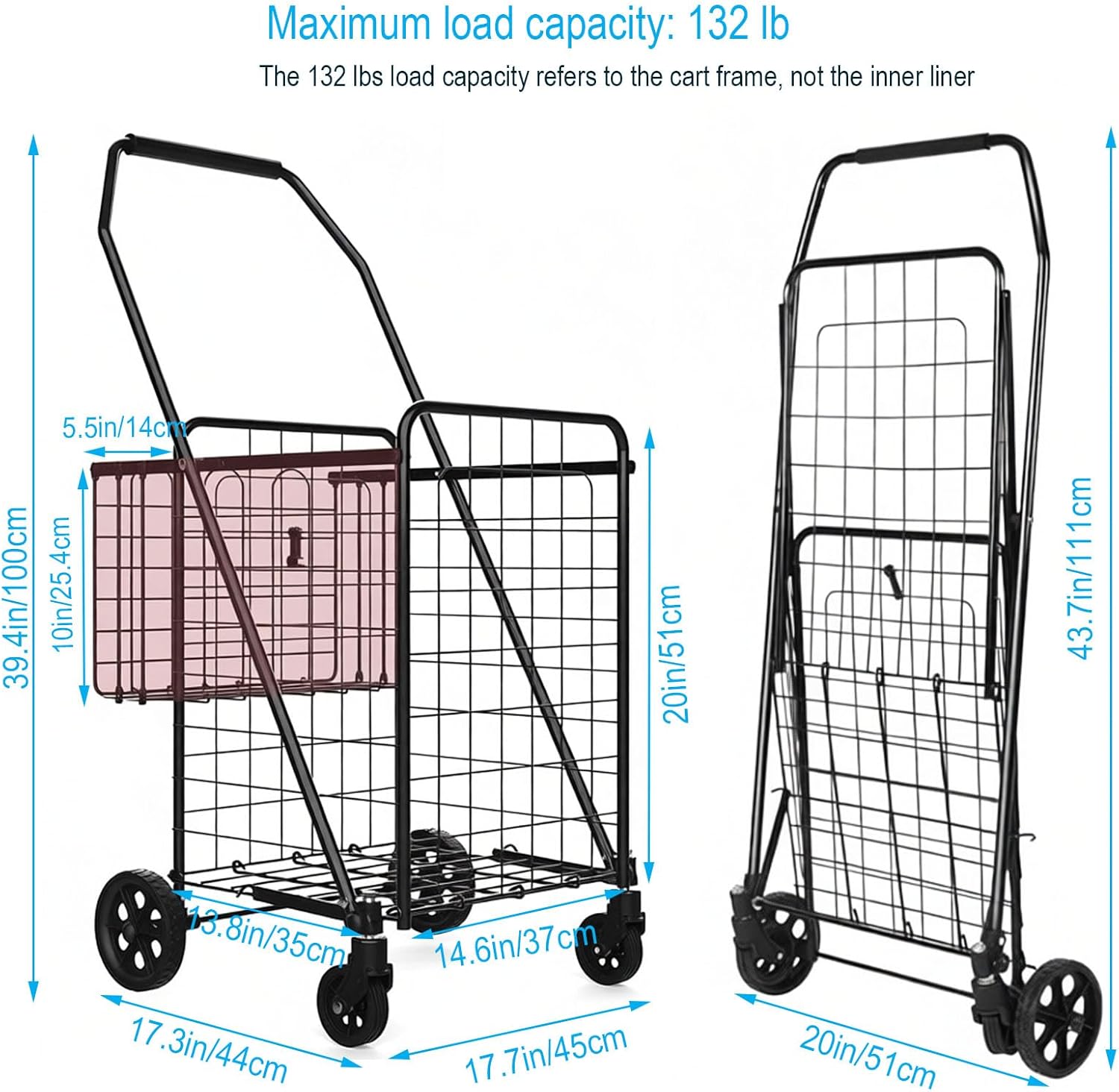 Folding Shopping Cart with Waterproof Liner & 360° Swivel Wheels | Collapsible Grocery Cart for Easy Transport, Ideal for Laundry, Shopping, and Travel – 132 LBS Capacity