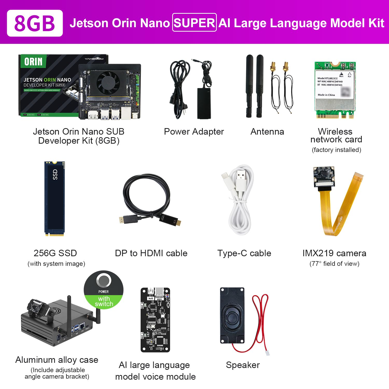 Yahboom Jetson Orin Nano Super 8GB AI Large Model Kit,67 Tops,256G SSD | IMX219 CSI Camera+Jetson Case +Development Board Ubuntu 22.04 ROS2 Data