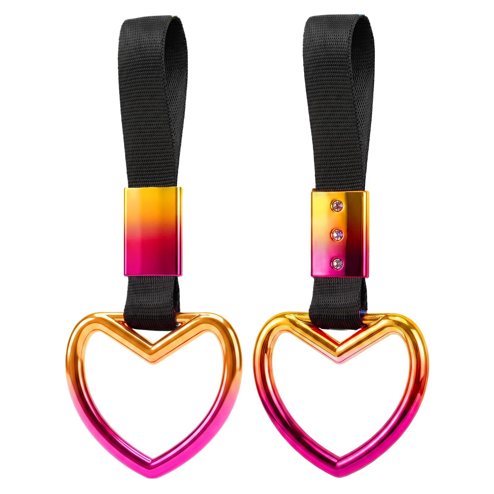 2PCS Heart Shaped Car Handle Straps, Rear Bumper Warning Keychain Ring for Car Exterior Accessories (Chrome Rainbow Heart - Black)