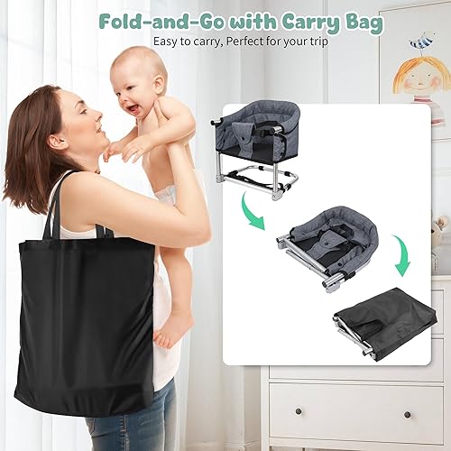 Miniatura 10 de Silla alta portátil asiento de alimentación con bolsa de transporte silla alta plegable para hogar y viajes correas de silla alta para mesa de