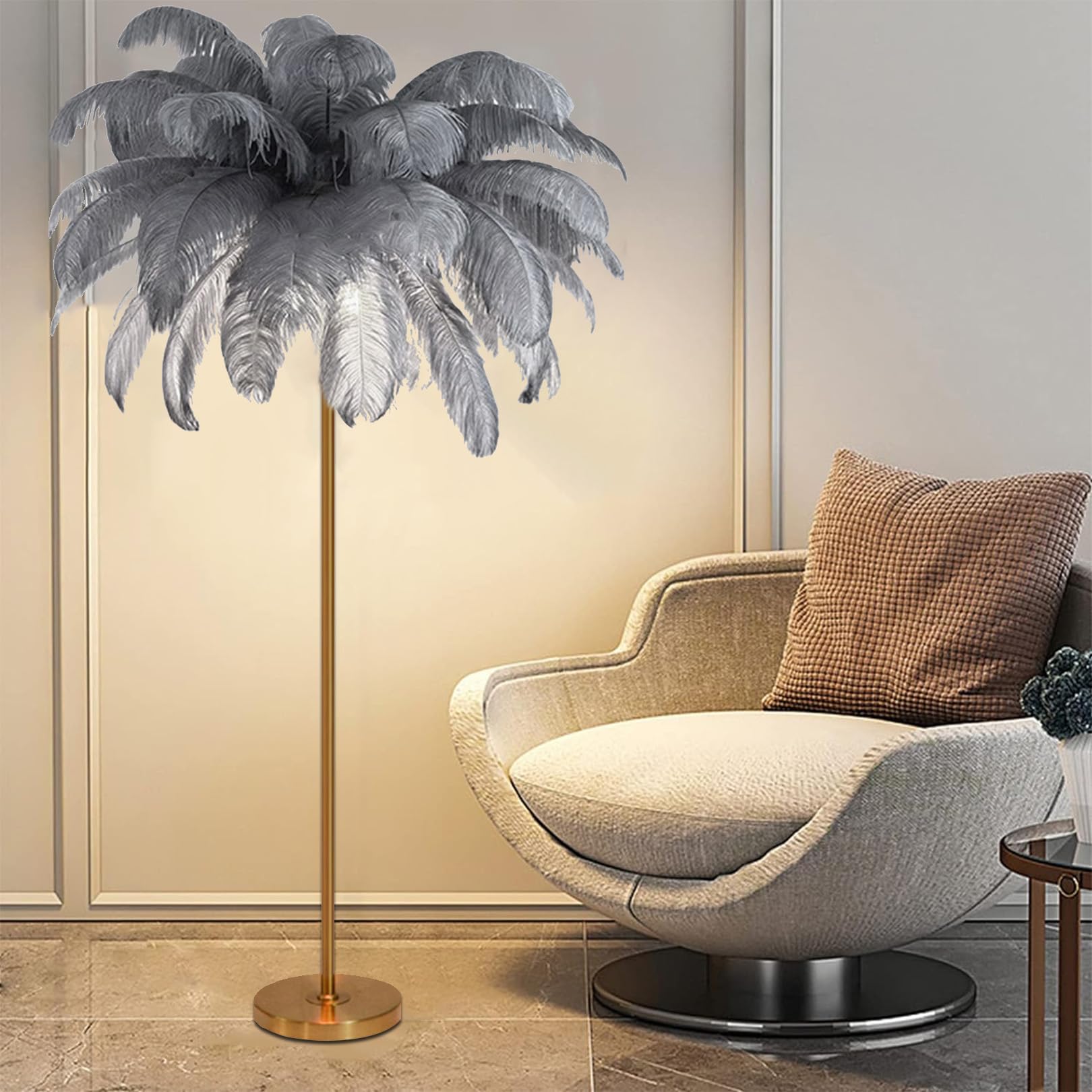 Ostrich Feather Floor Lamp, Natural Gold Standing Light with Elegant Lampshade - Modern Tall Feather Lamp for Bedroom, Living Room, Office