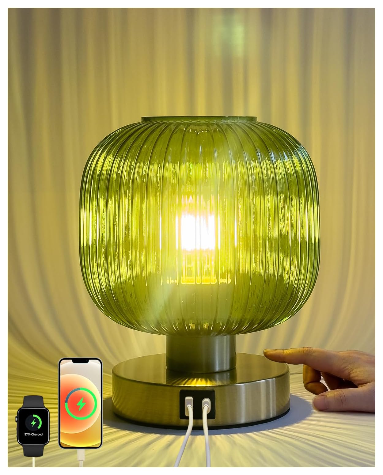 big touch table lamp,elegant green glass bedside lamp 3 way dimmable with usb c+a charging ports - bedroom nightstand & living room essential, 4w bulb included (green)