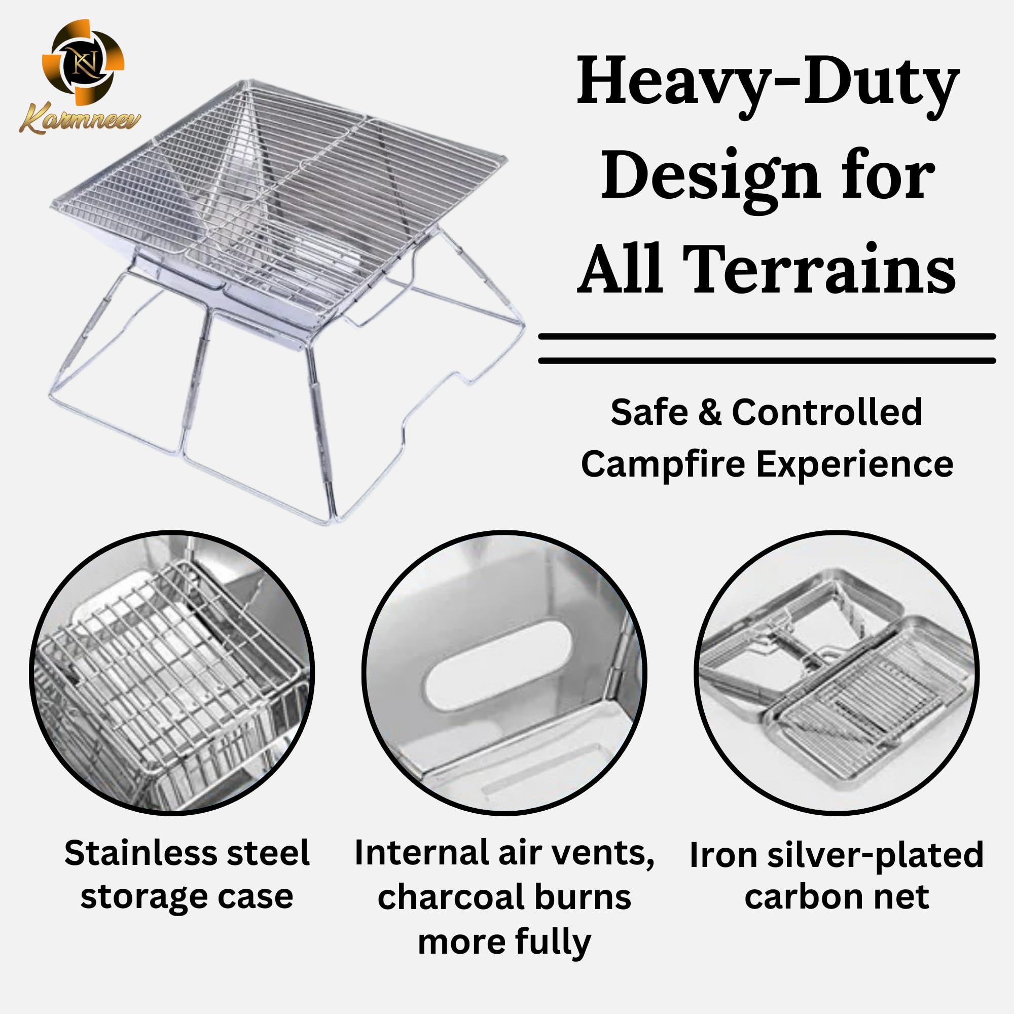 KARMNEEV Folding Campfire Grill Stainless Steel Grate Barbeque Portable Camping with Legs for Picnics Backpacking Outdoor with Carrying Bag and Kitchen Tongs